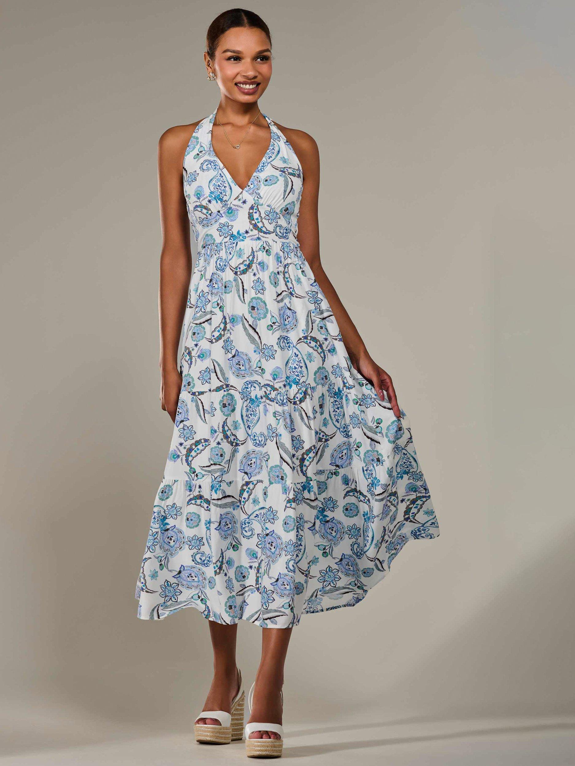 Product image 2 of 7, which shows Jolie Moi Paisley Halter Neck Maxi Dress, Blue, 8