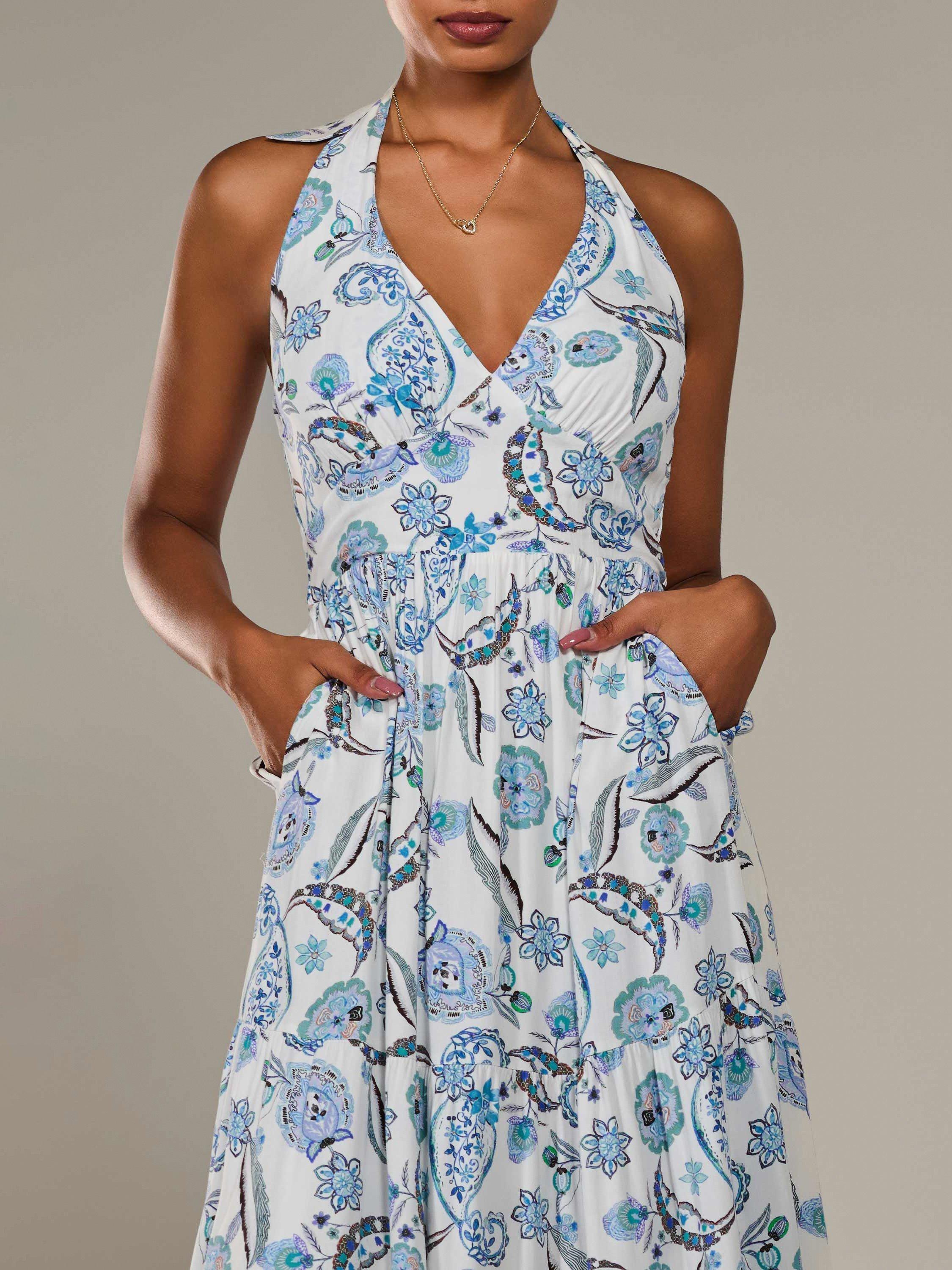 Product image 4 of 7, which shows Jolie Moi Paisley Halter Neck Maxi Dress, Blue, 8