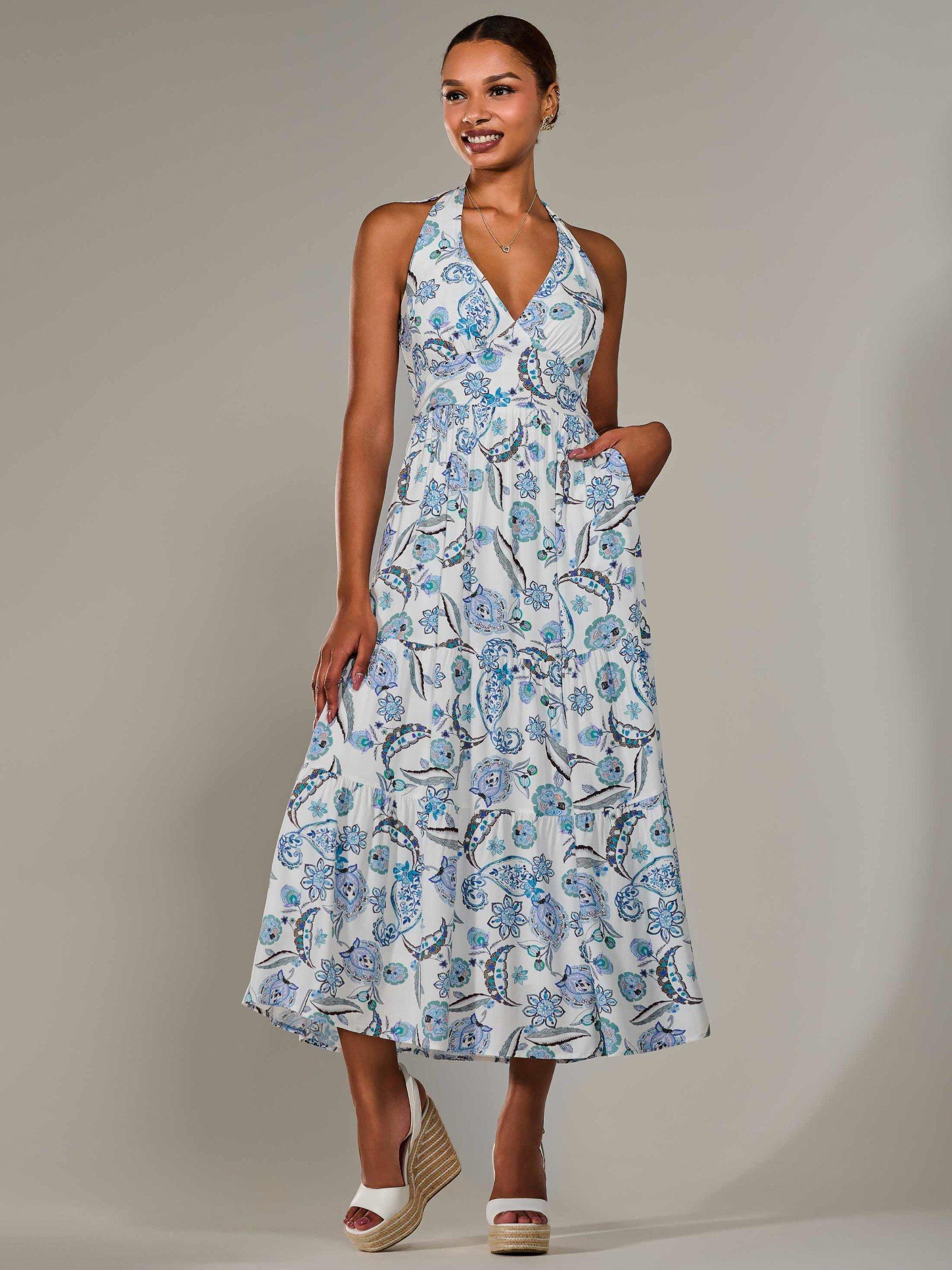 Product image 5 of 7, which shows Jolie Moi Paisley Halter Neck Maxi Dress, Blue, 8