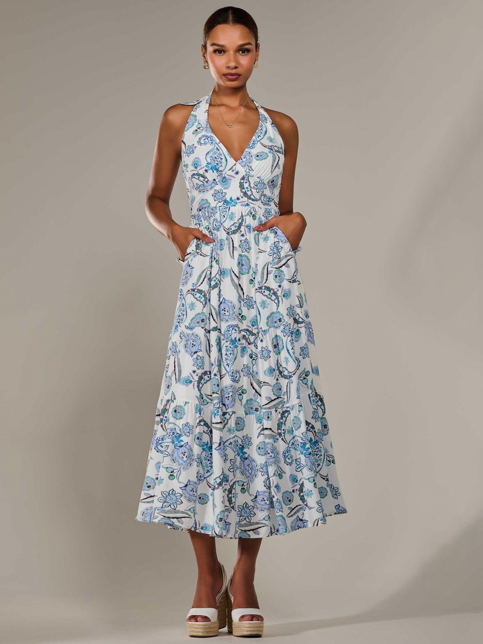 Product image 7 of 7, which shows Jolie Moi Paisley Halter Neck Maxi Dress, Blue, 8