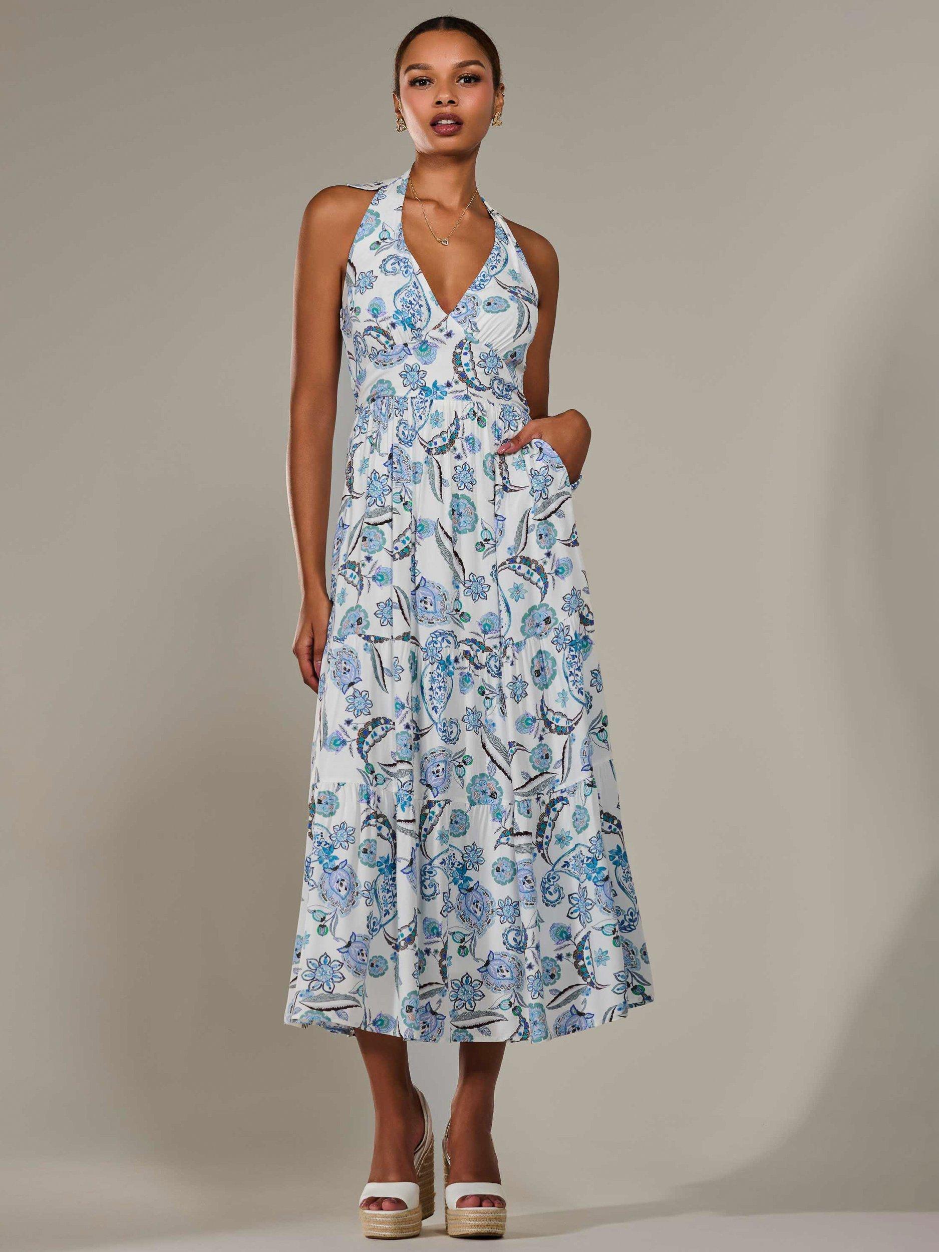 Product image 6 of 7, which shows Jolie Moi Paisley Halter Neck Maxi Dress, Blue, 8