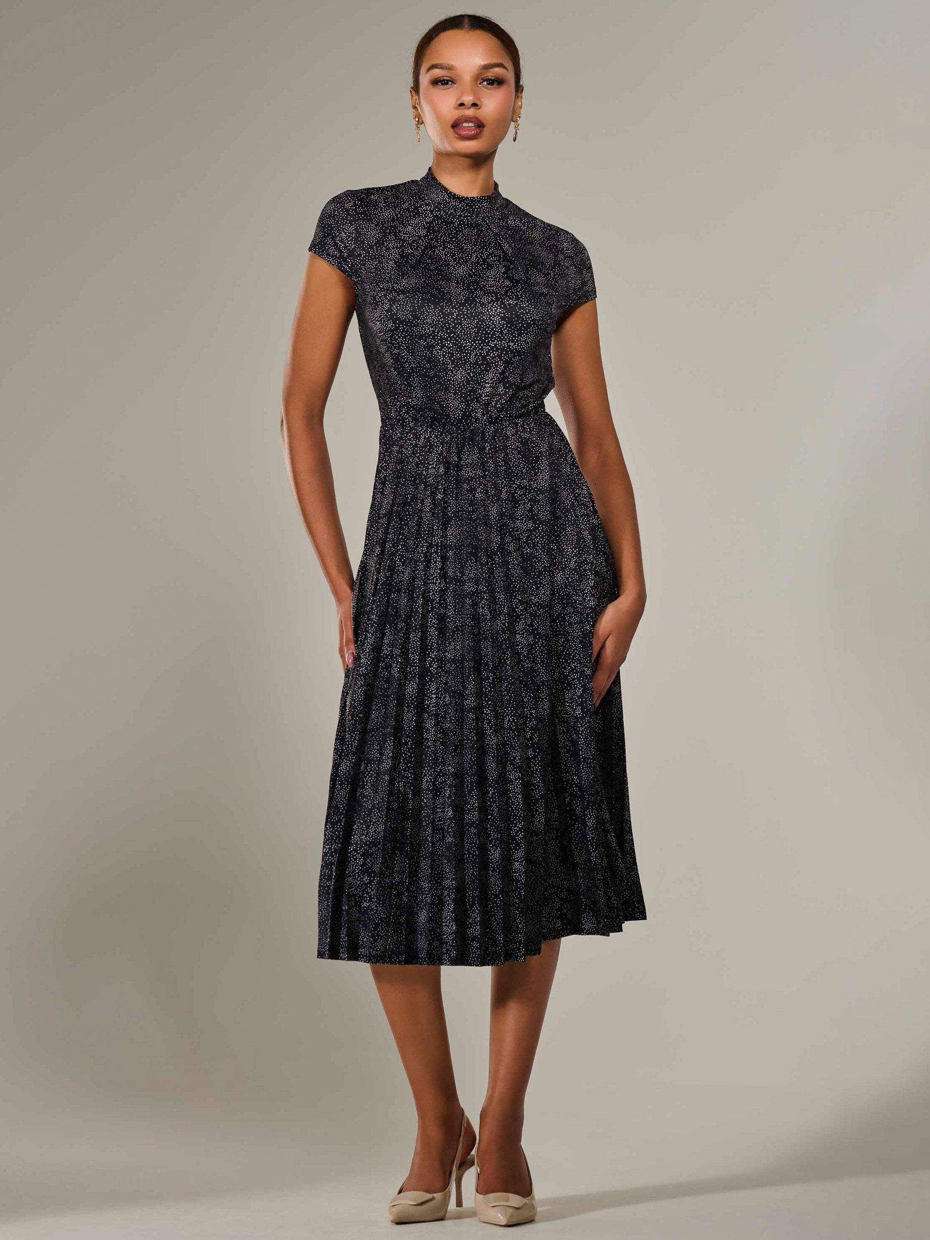 Product image 1 of 7, which shows Jolie Moi Abstract Cap Sleeve Pleated Midi Dress, Black, 8