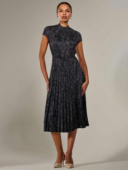 Jolie Moi Abstract Cap Sleeve Pleated Midi Dress, Black, Black