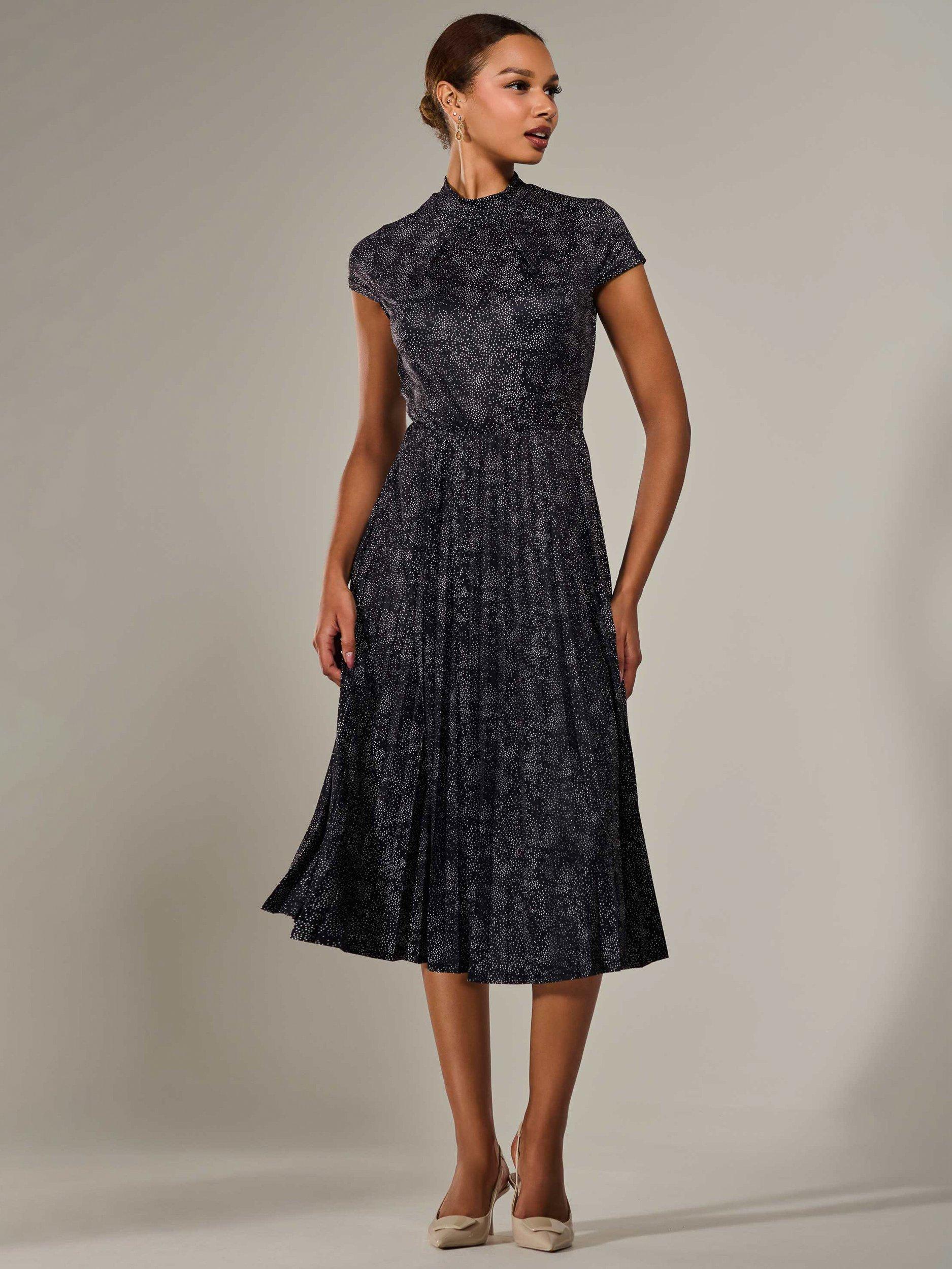 Product image 2 of 7, which shows Jolie Moi Abstract Cap Sleeve Pleated Midi Dress, Black, 8