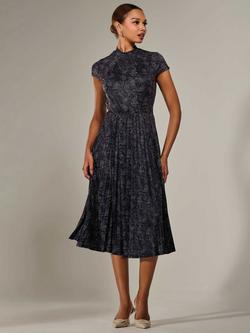 Jolie Moi Abstract Cap Sleeve Pleated Midi Dress, Black - view 2, Black