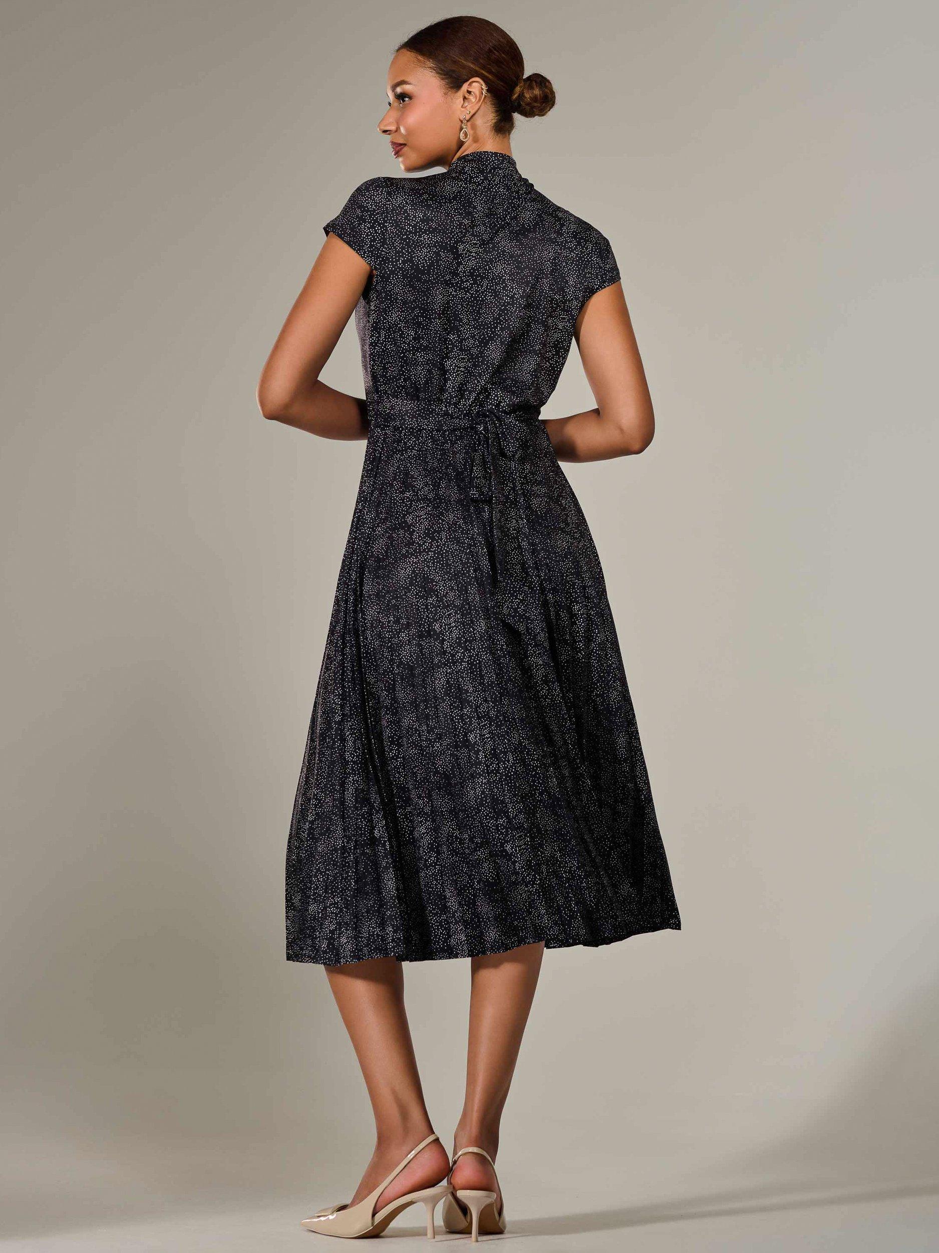 Product image 3 of 7, which shows Jolie Moi Abstract Cap Sleeve Pleated Midi Dress, Black, 8
