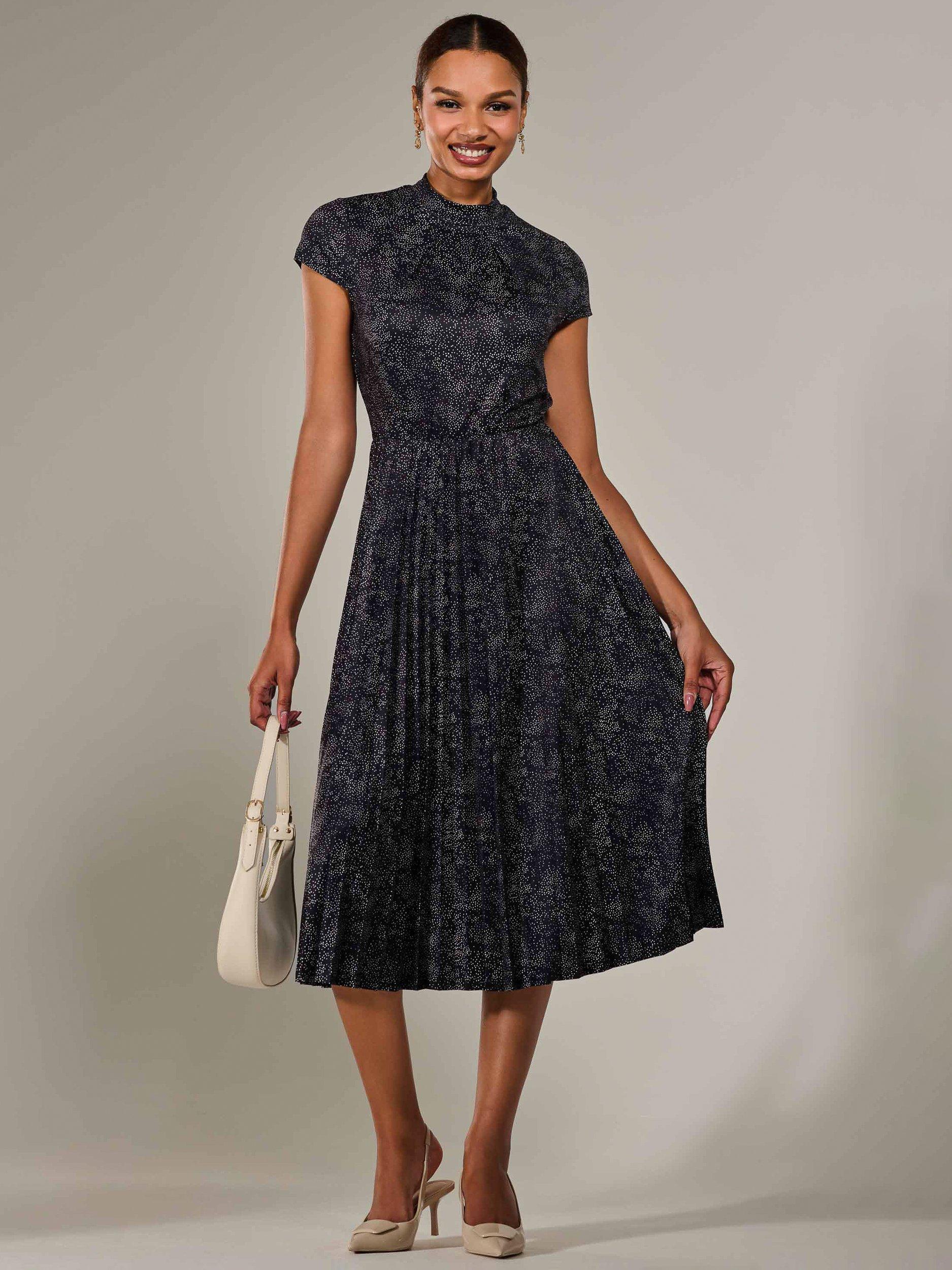 Product image 5 of 7, which shows Jolie Moi Abstract Cap Sleeve Pleated Midi Dress, Black, 8