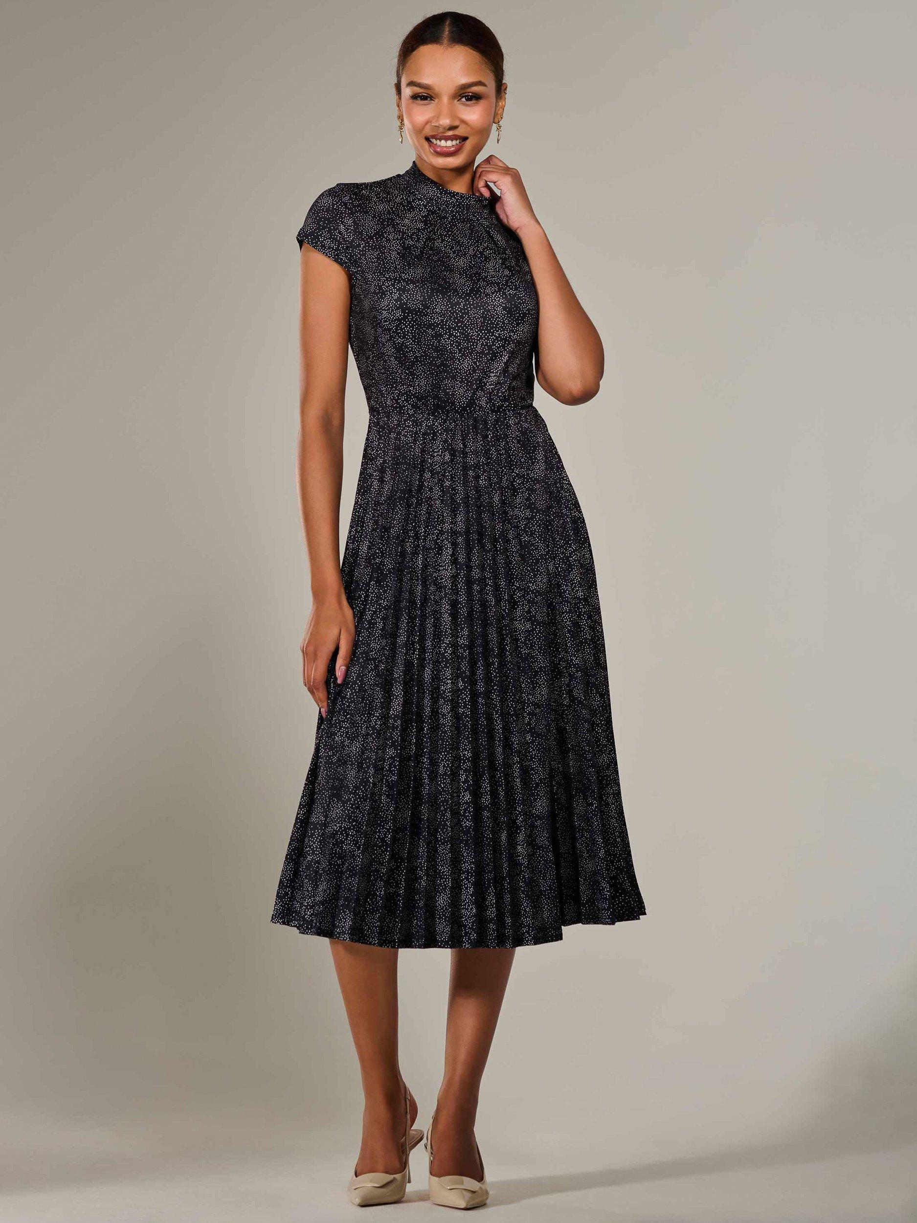 Product image 6 of 7, which shows Jolie Moi Abstract Cap Sleeve Pleated Midi Dress, Black, 8