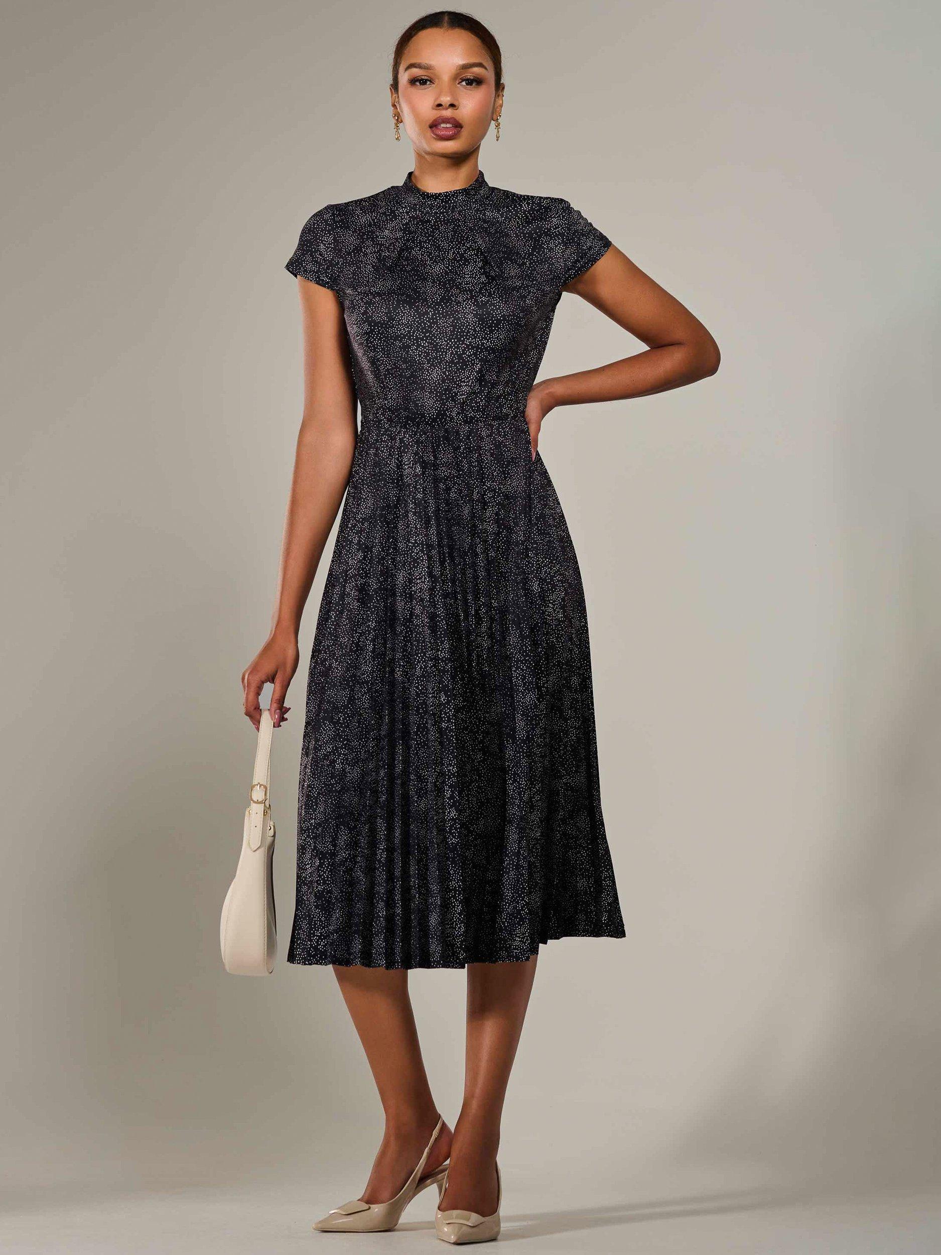 Product image 7 of 7, which shows Jolie Moi Abstract Cap Sleeve Pleated Midi Dress, Black, 8
