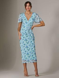 Jolie Moi Floral Mesh Midi Dress, Blue - view 2, Blue