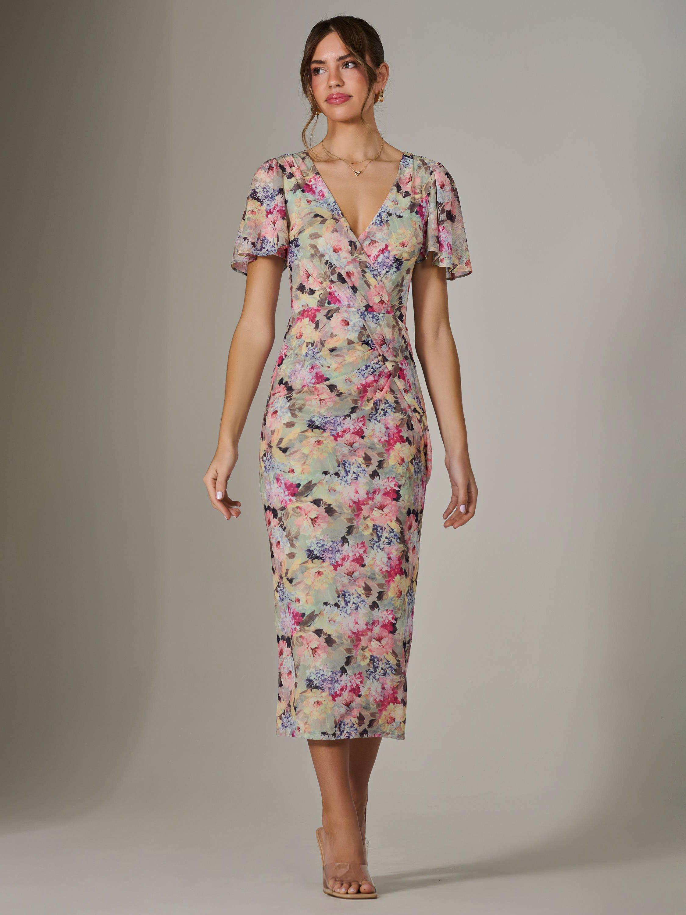 Product image 1 of 7, which shows Jolie Moi Floral Mesh Midi Dress, Multi, 8