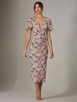 Jolie Moi Floral Mesh Midi Dress, Multi, Multi