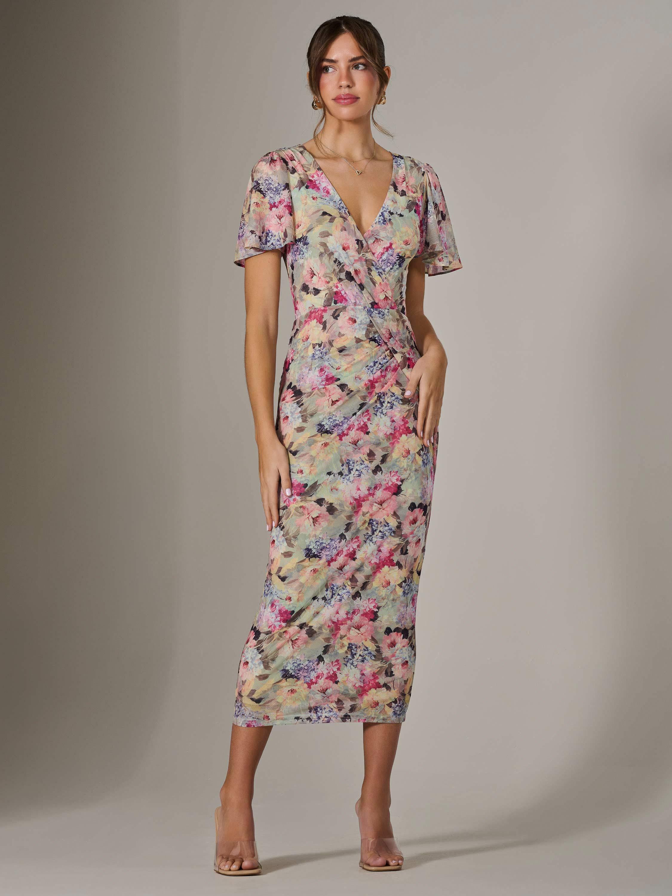 Product image 5 of 7, which shows Jolie Moi Floral Mesh Midi Dress, Multi, 8