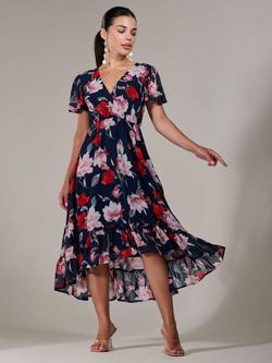 Jolie Moi Petite Floral High-Lo Midaxi Dress, Navy - view 2, Navy