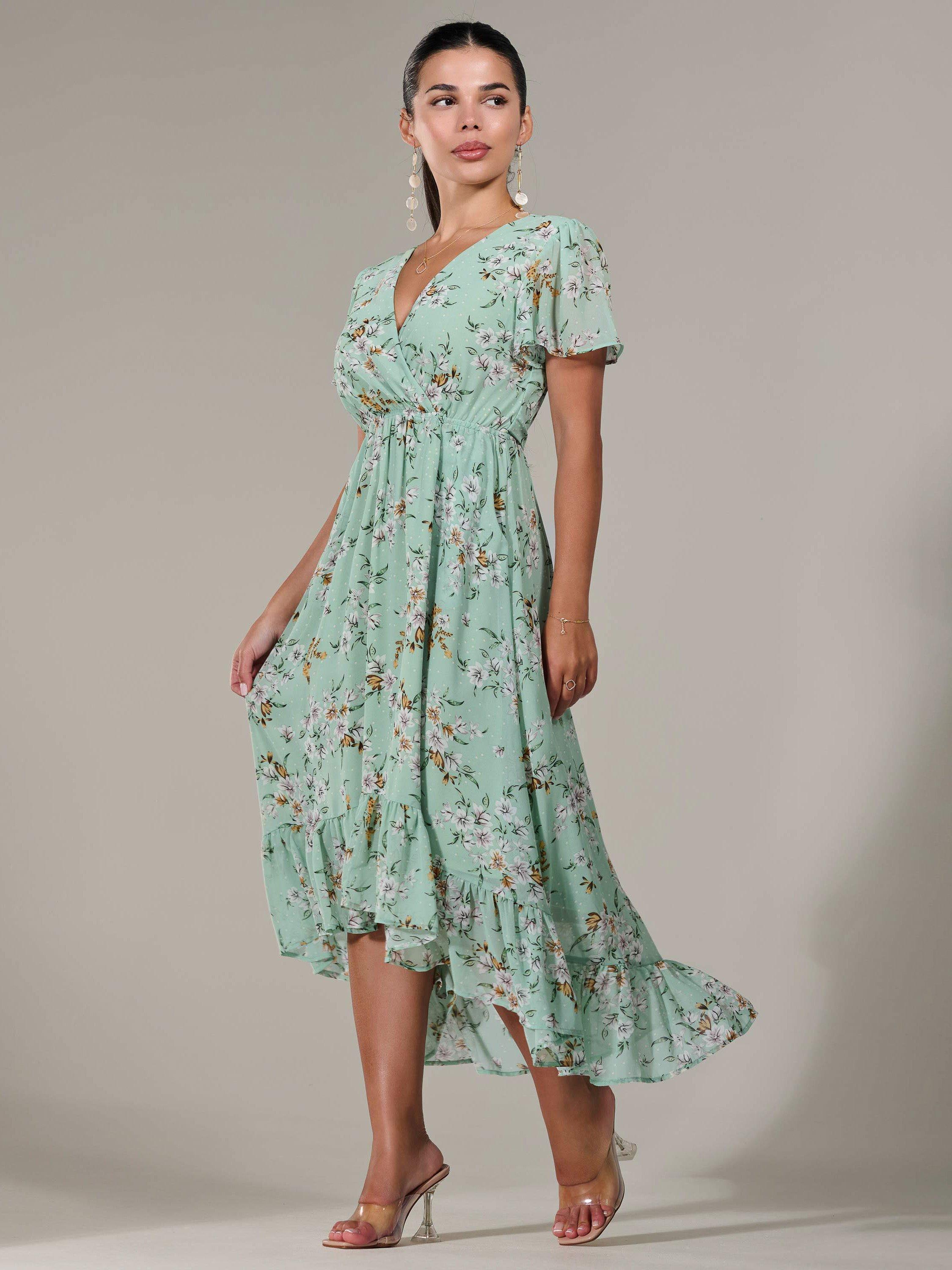 Product image 2 of 7, which shows Jolie Moi Petite Floral High-Low Dress, Green, 6Pt