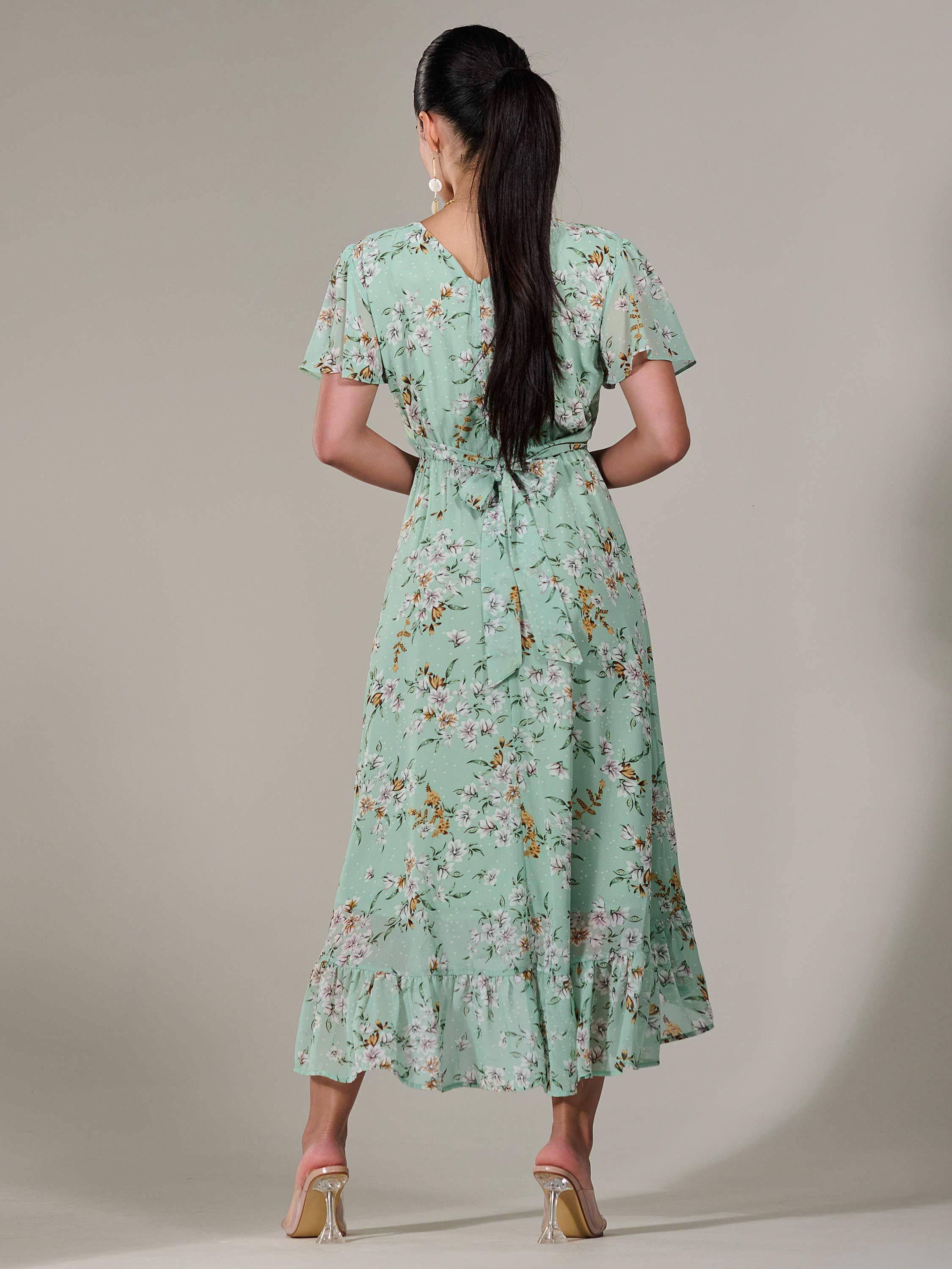 Product image 3 of 7, which shows Jolie Moi Petite Floral High-Low Dress, Green, 6Pt