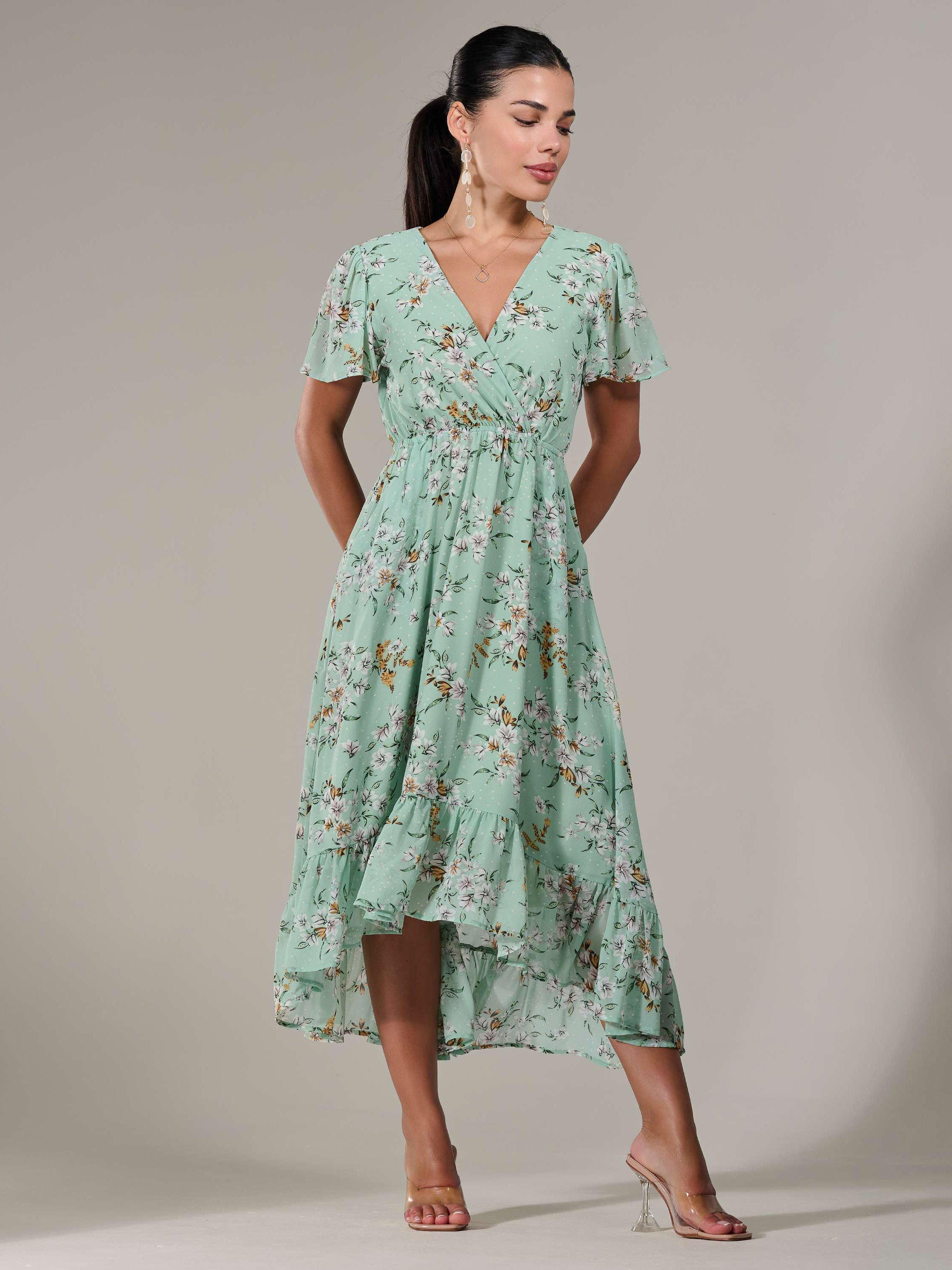 Product image 5 of 7, which shows Jolie Moi Petite Floral High-Low Dress, Green, 6Pt