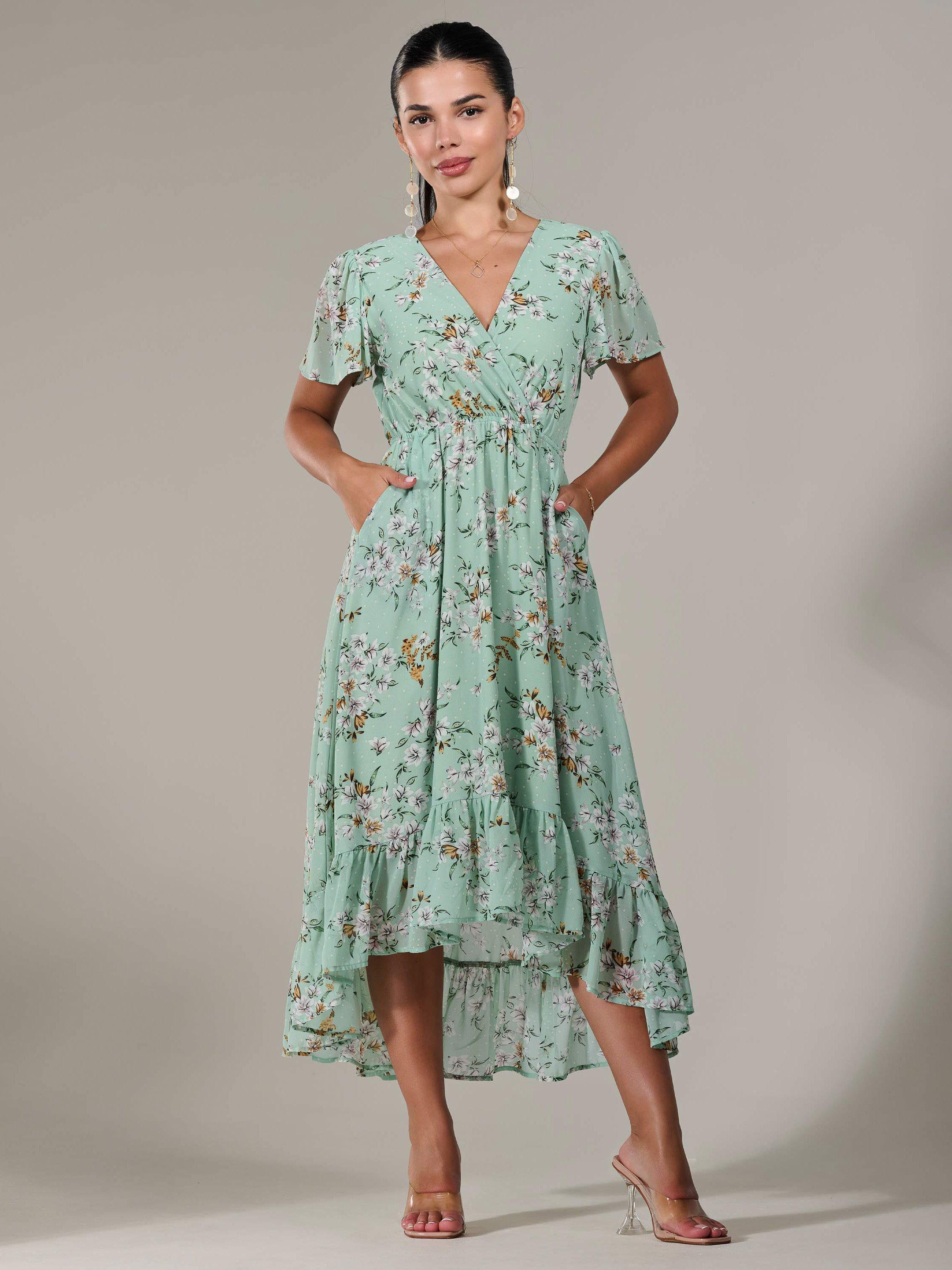 Product image 6 of 7, which shows Jolie Moi Petite Floral High-Low Dress, Green, 6Pt
