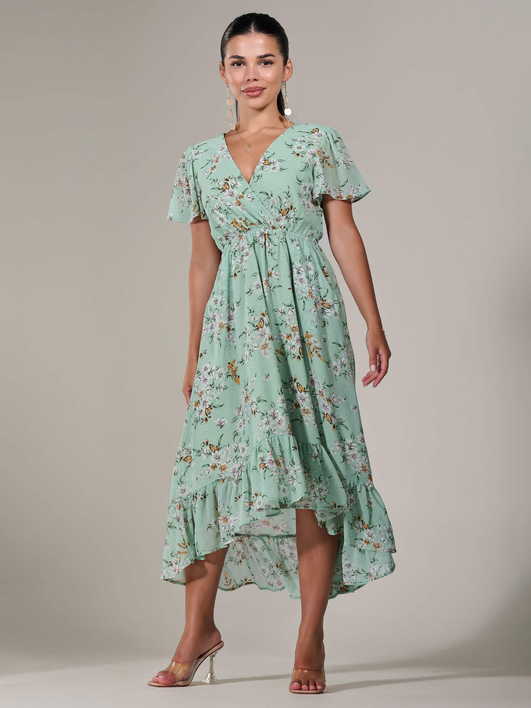Product image 7 of 7, which shows Jolie Moi Petite Floral High-Low Dress, Green, 6Pt