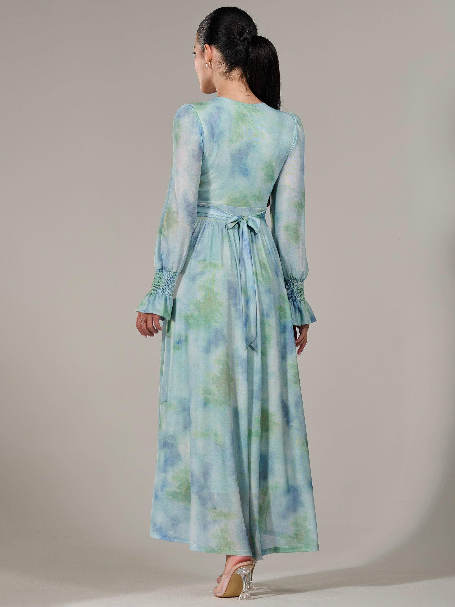 Product image 3 of 7, which shows Jolie Moi Petite Tie Die Mesh Maxi Dress, Green/Multi, 6Pt
