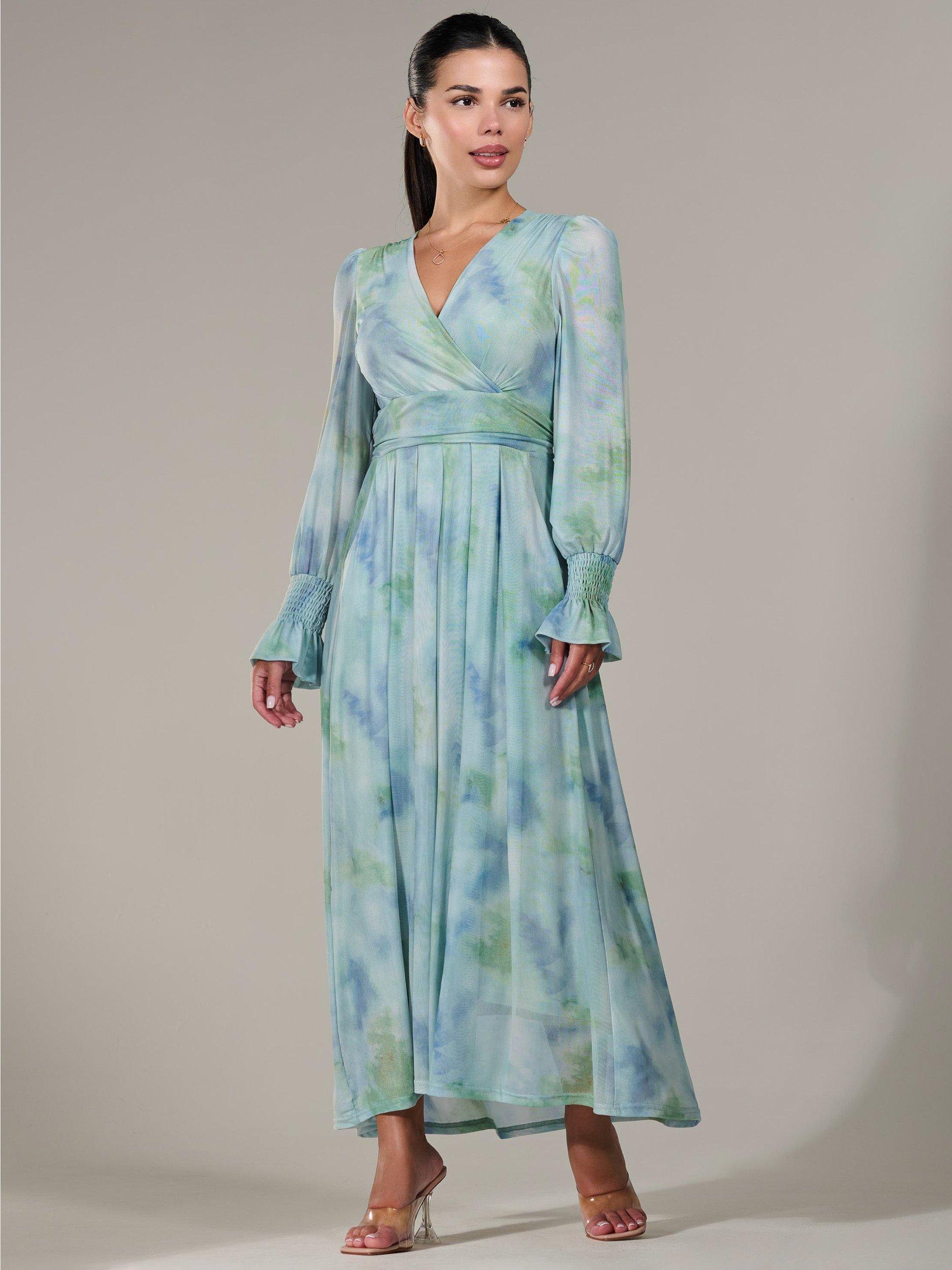 Product image 6 of 7, which shows Jolie Moi Petite Tie Die Mesh Maxi Dress, Green/Multi, 6Pt