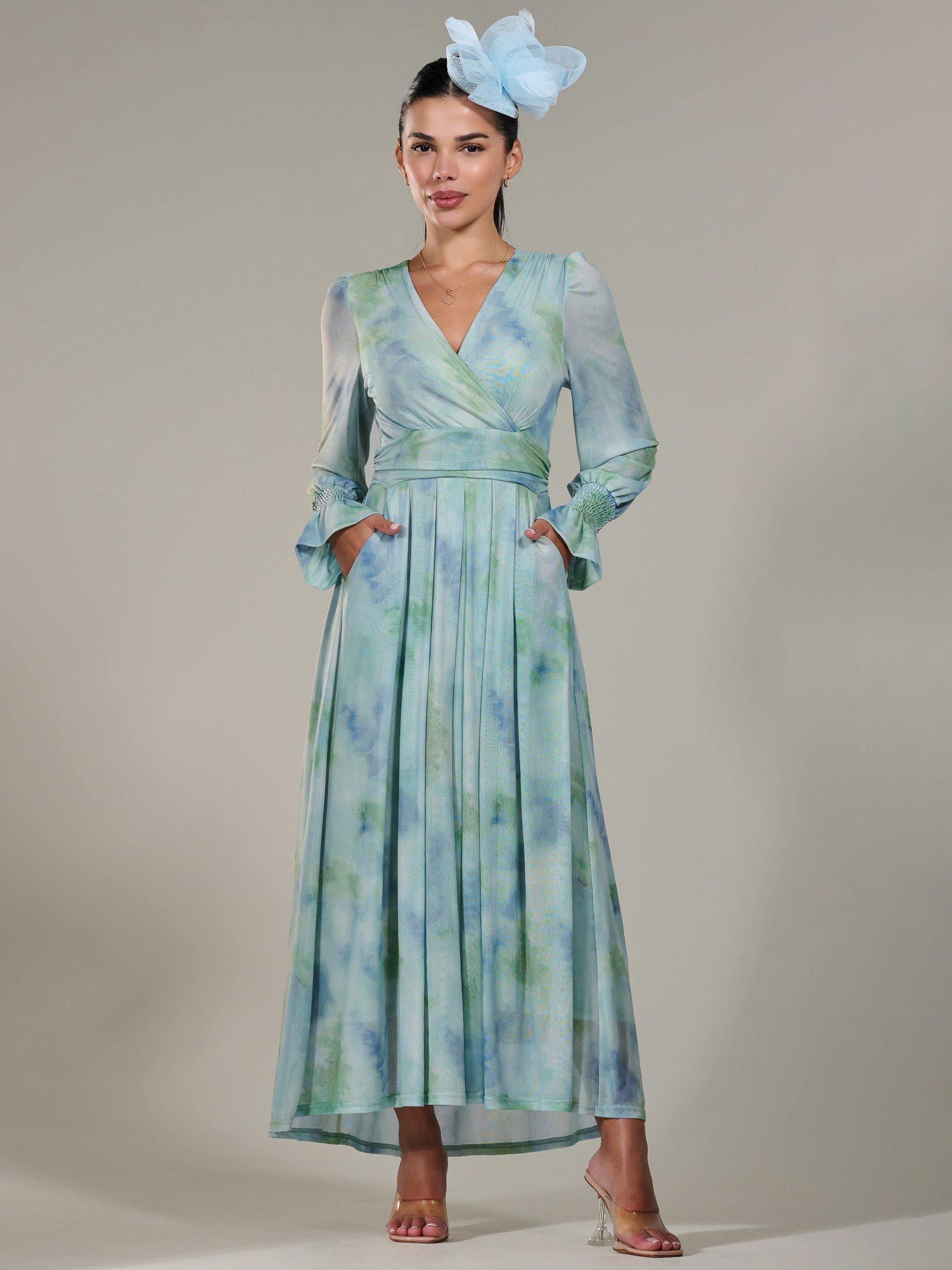 Product image 7 of 7, which shows Jolie Moi Petite Tie Die Mesh Maxi Dress, Green/Multi, 6Pt