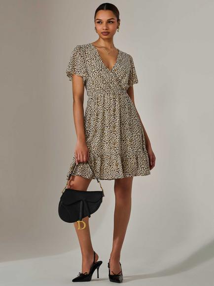 Jolie Moi Abstract Chiffon Mini Dress, Black/Cream, Black/Cream