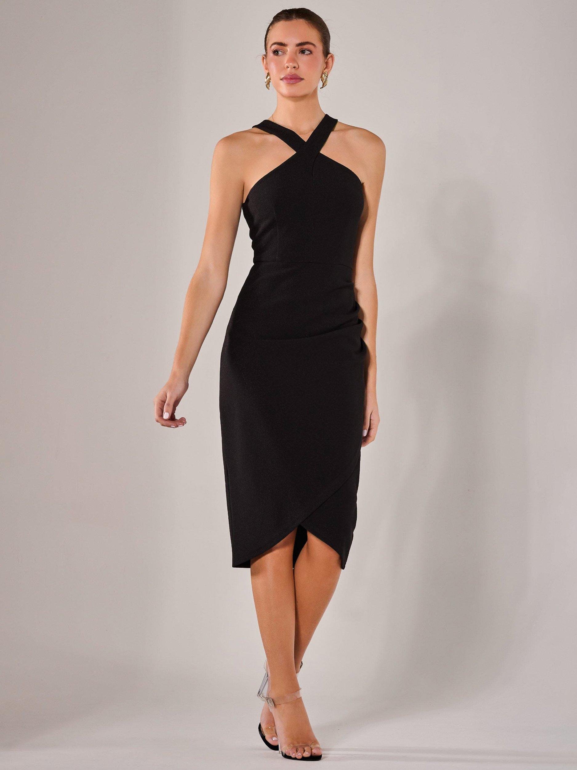 Product image 5 of 7, which shows Jolie Moi Cross Over Halterneck Midi Dress, Black, 8
