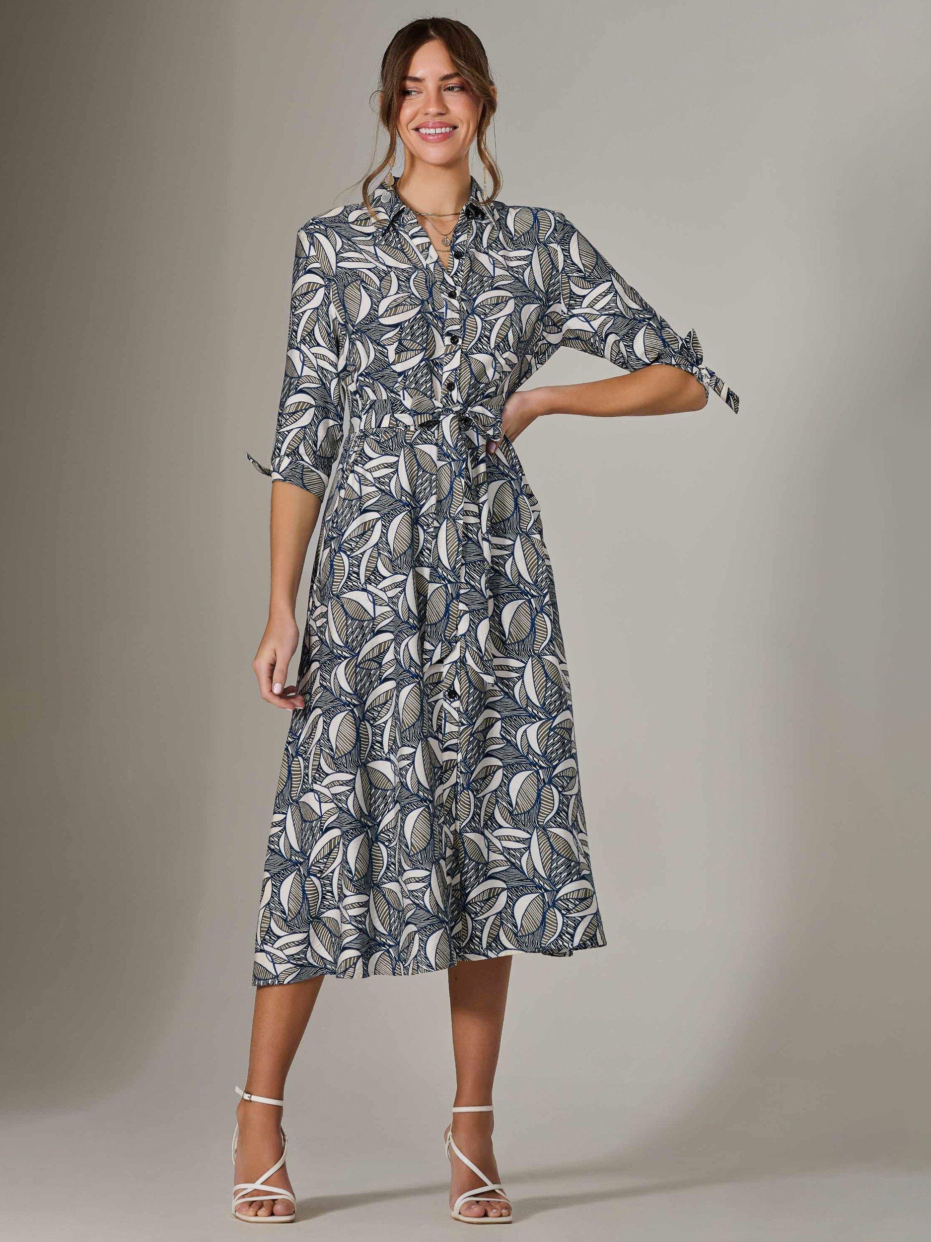 Product image 1 of 7, which shows Jolie Moi Abstract Tie Sleeve Shirt Dress, Navy, 8