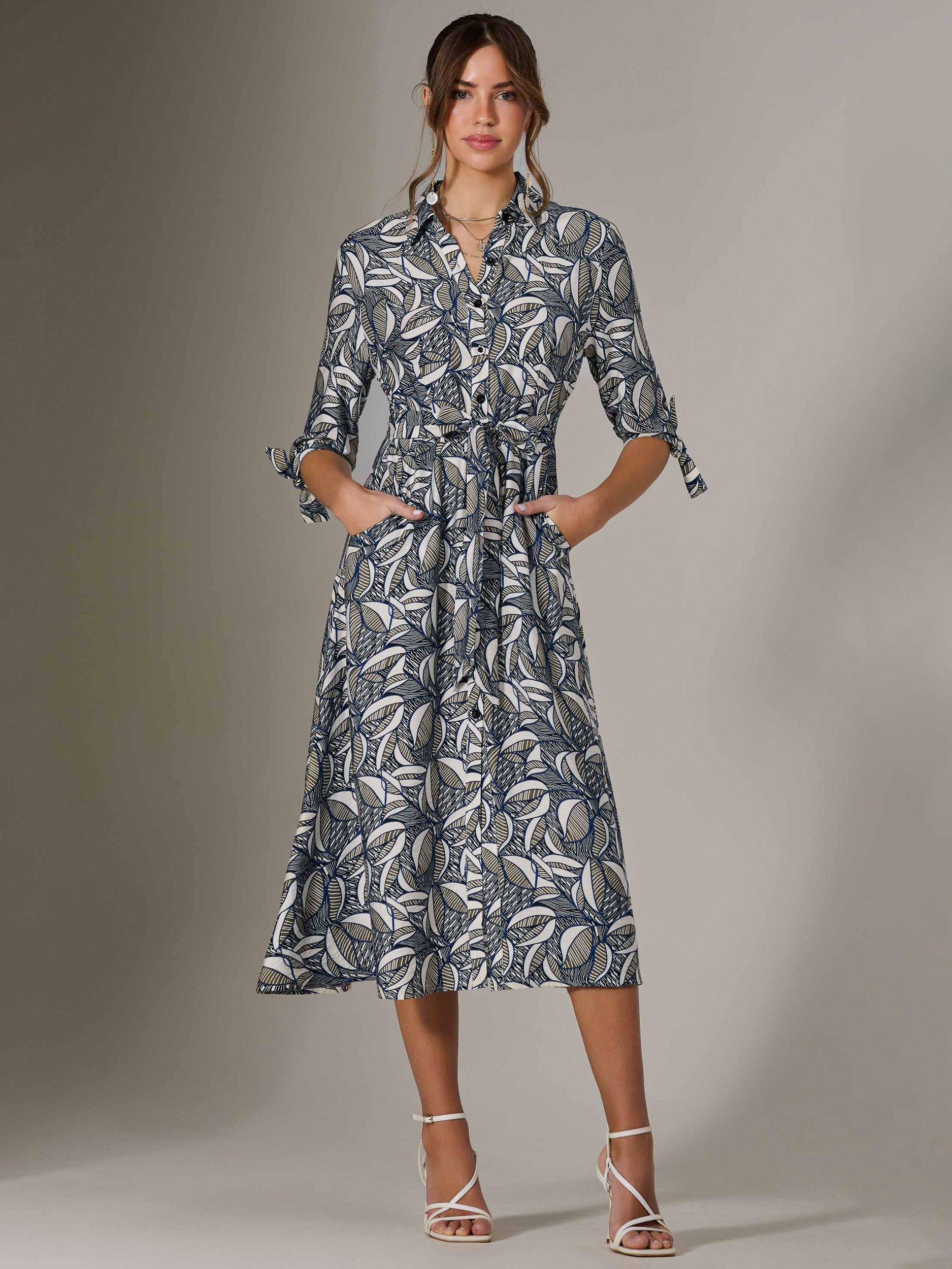 Product image 2 of 7, which shows Jolie Moi Abstract Tie Sleeve Shirt Dress, Navy, 8