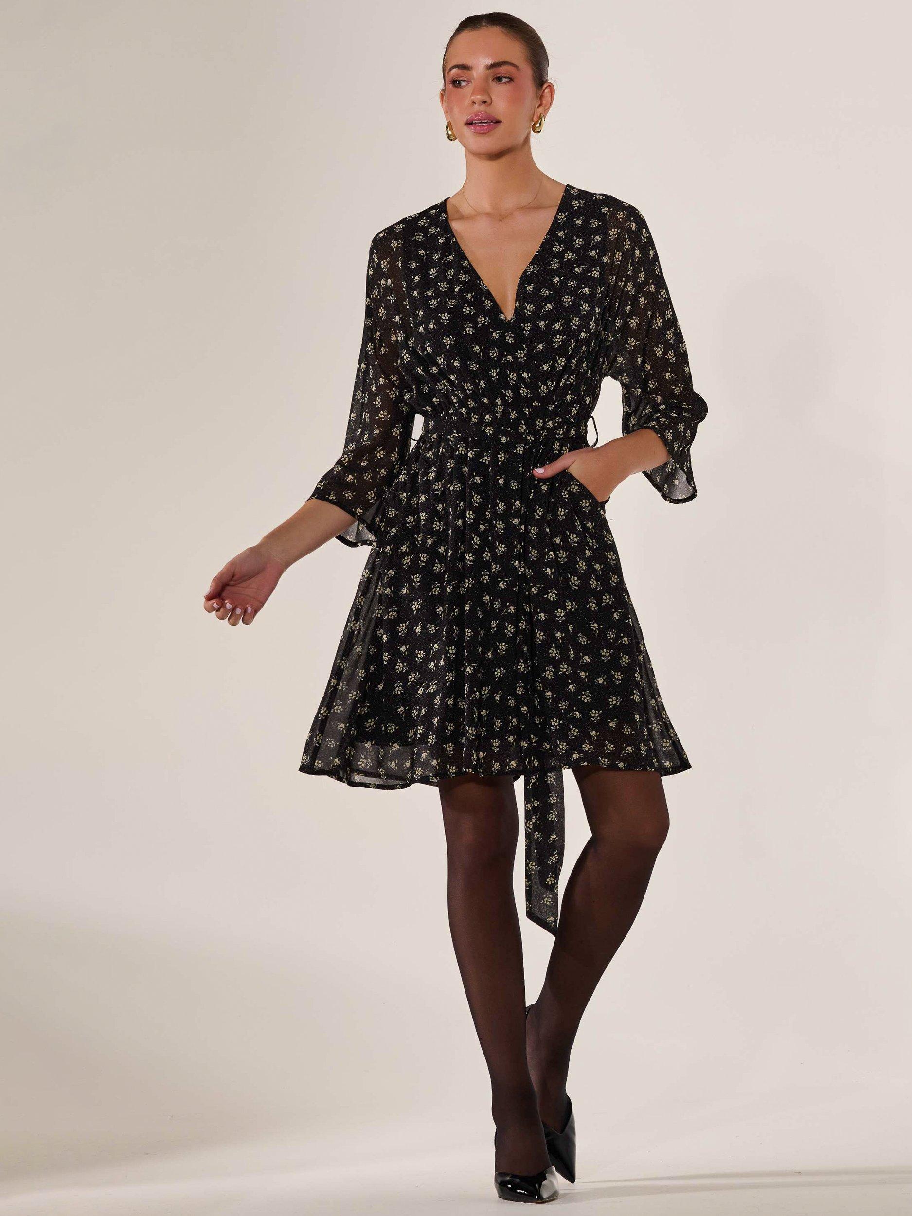 Product image 1 of 7, which shows Jolie Moi Floral Chiffon Mini Dress, Black, 8