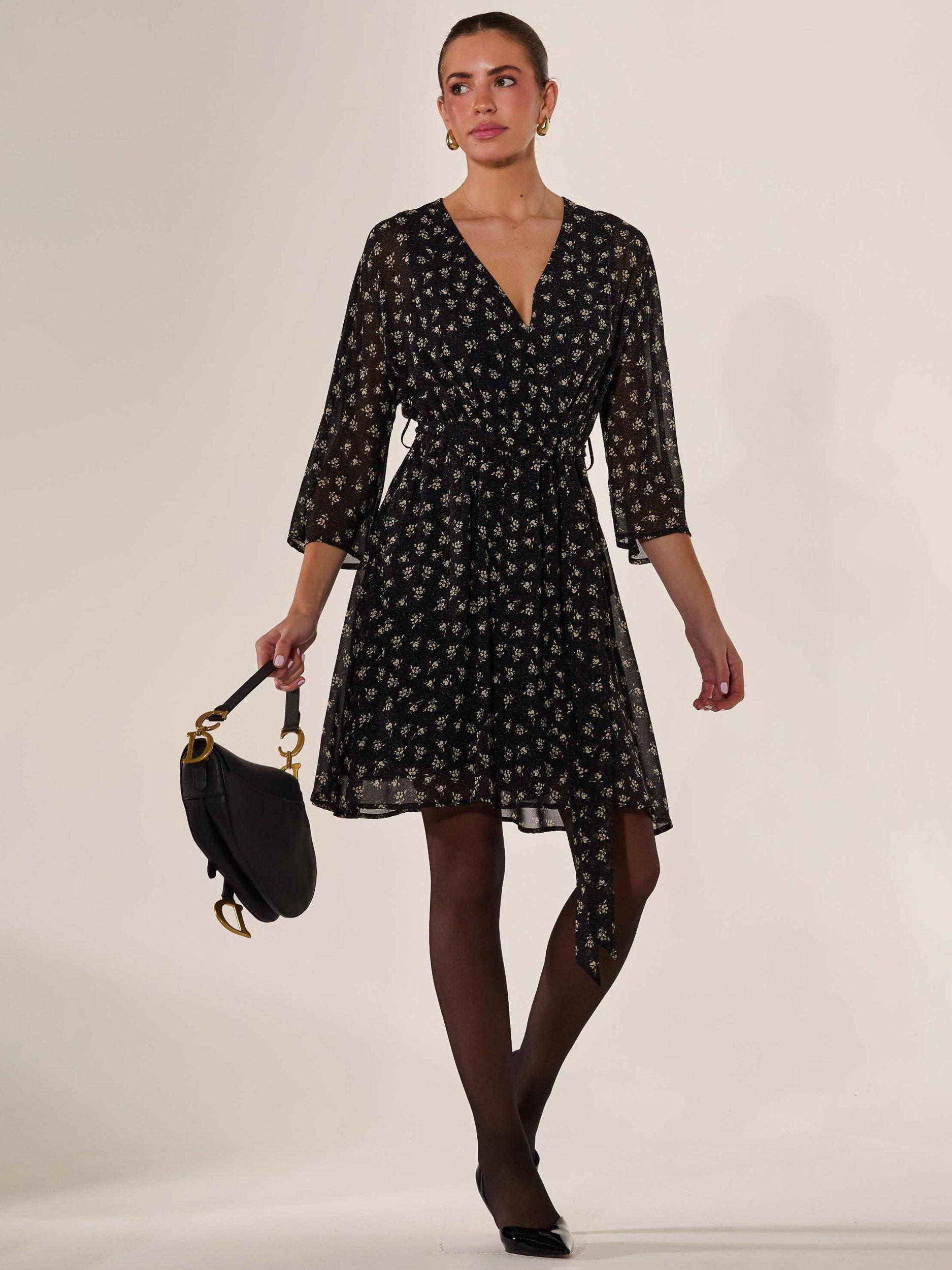 Product image 5 of 7, which shows Jolie Moi Floral Chiffon Mini Dress, Black, 8