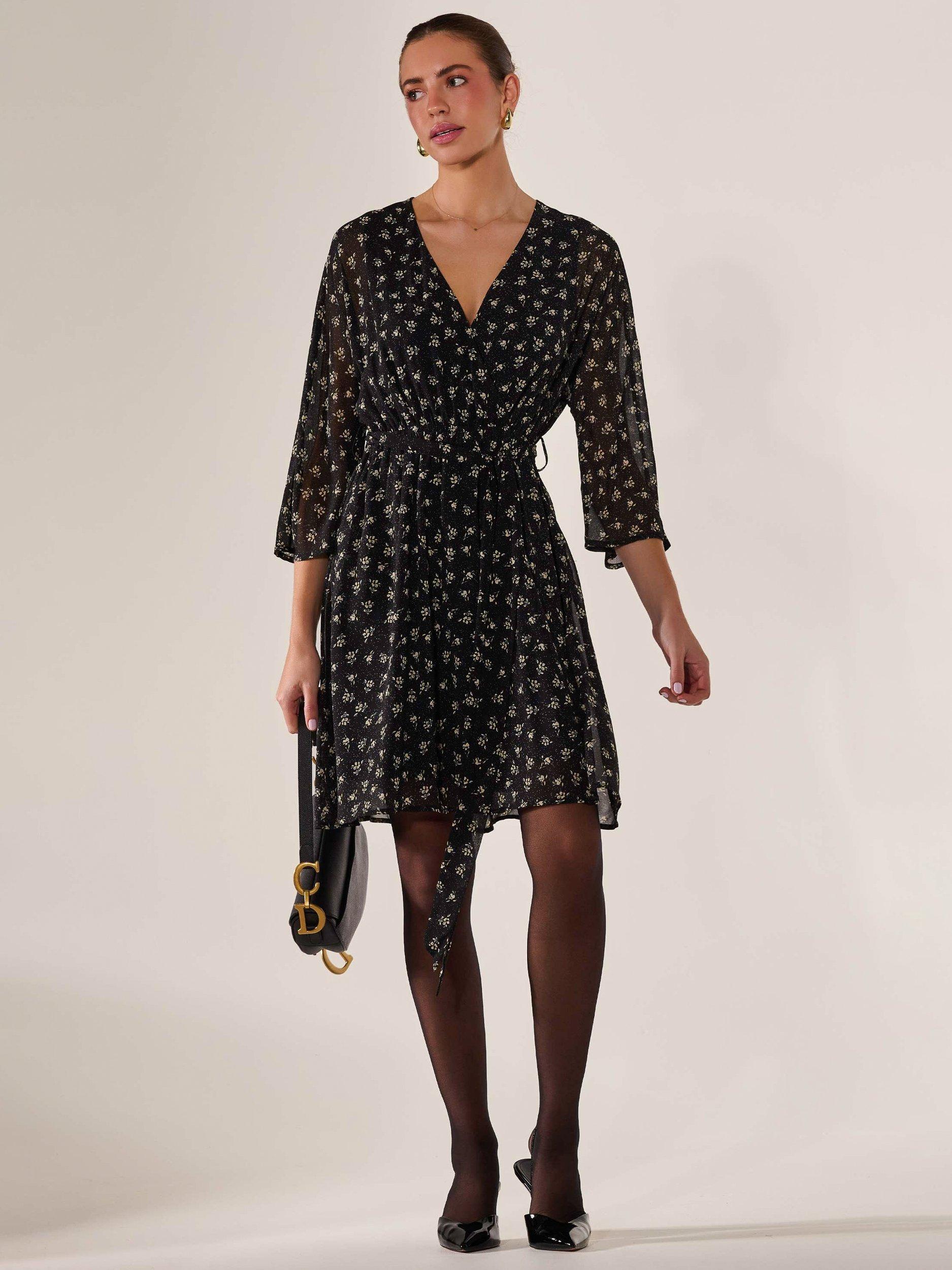 Product image 6 of 7, which shows Jolie Moi Floral Chiffon Mini Dress, Black, 8