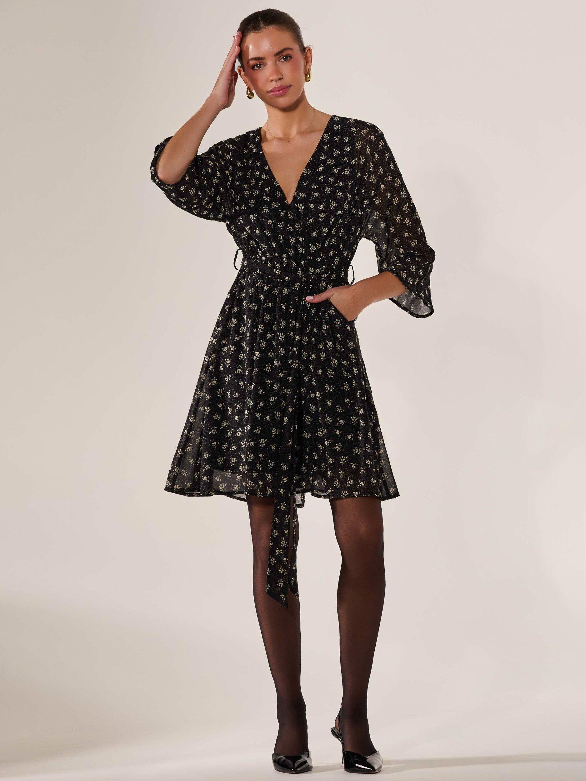 Product image 7 of 7, which shows Jolie Moi Floral Chiffon Mini Dress, Black, 8
