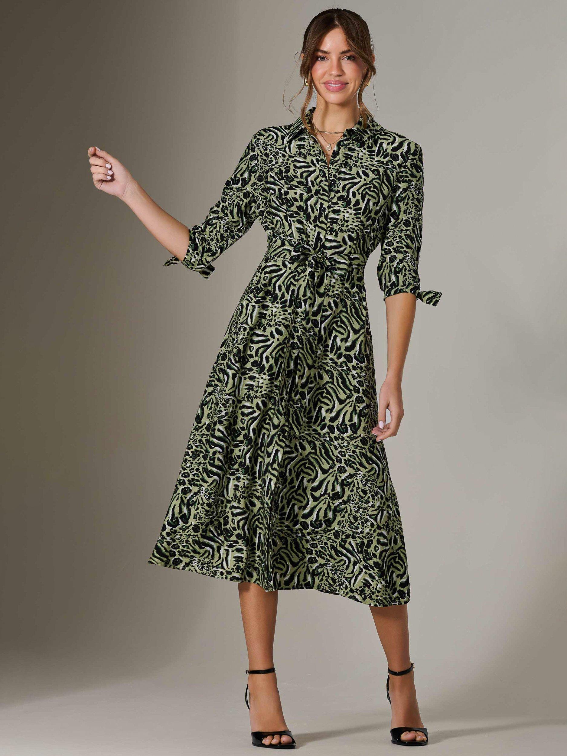 Product image 1 of 7, which shows Jolie Moi Animal Print Maxi Shirt Dress, Green/Multi, 8
