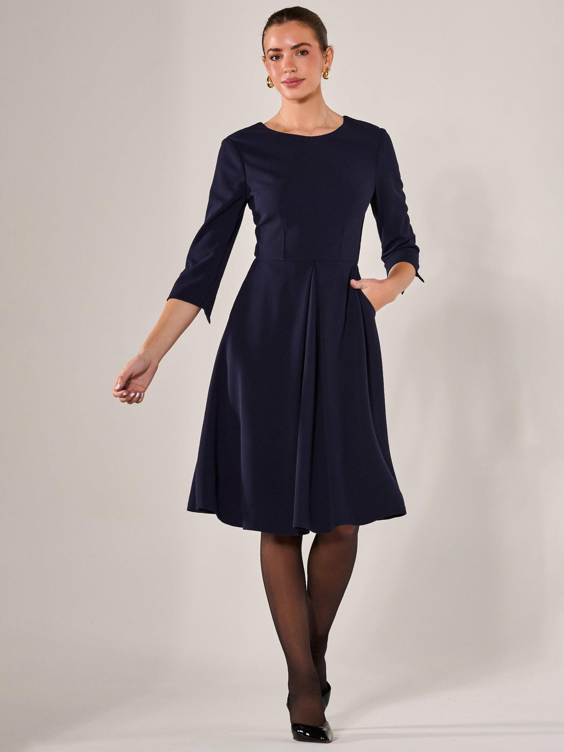 Product image 1 of 7, which shows Jolie Moi Three Quarter Sleeve Midi Dress, Navy, 8
