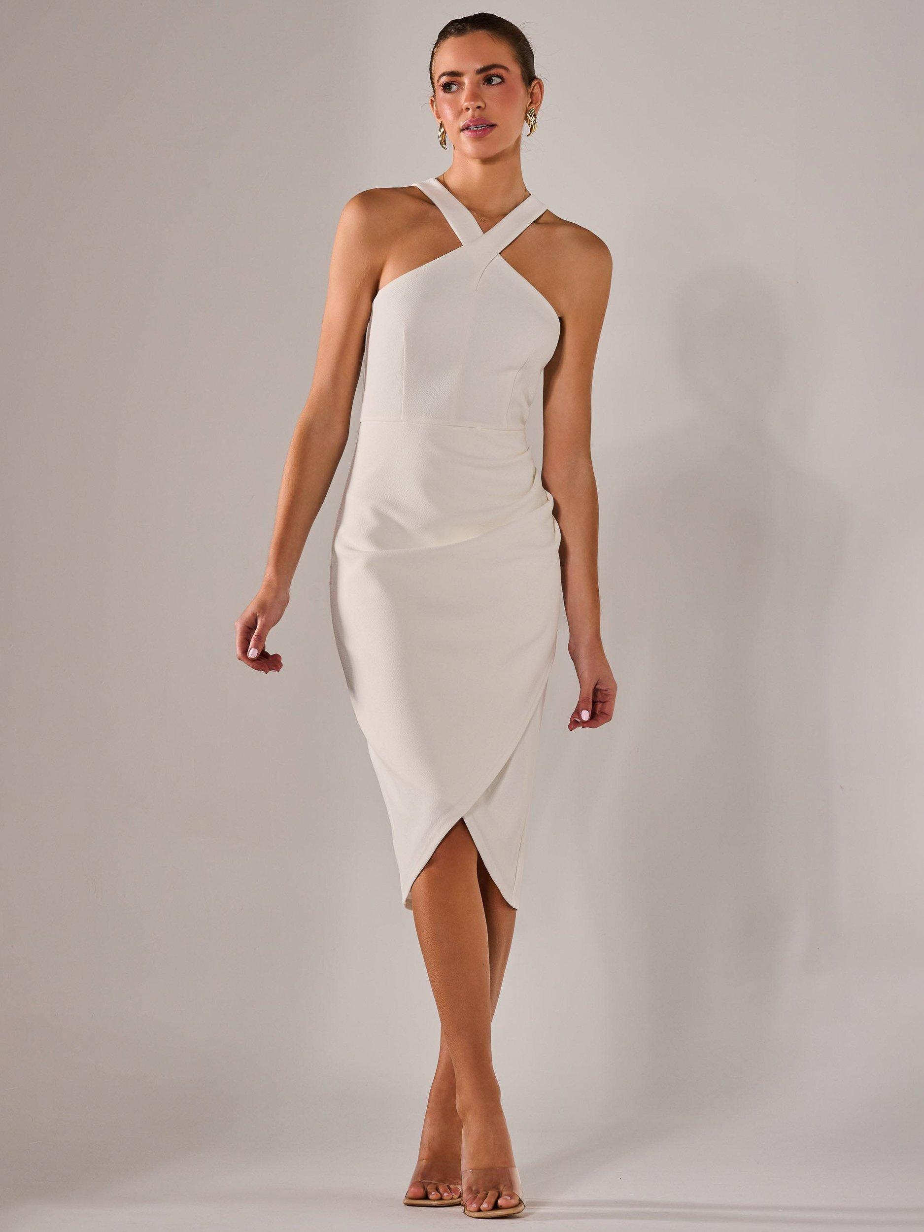 Product image 7 of 7, which shows Jolie Moi Cross Over Halterneck Midi Dress, White, 8