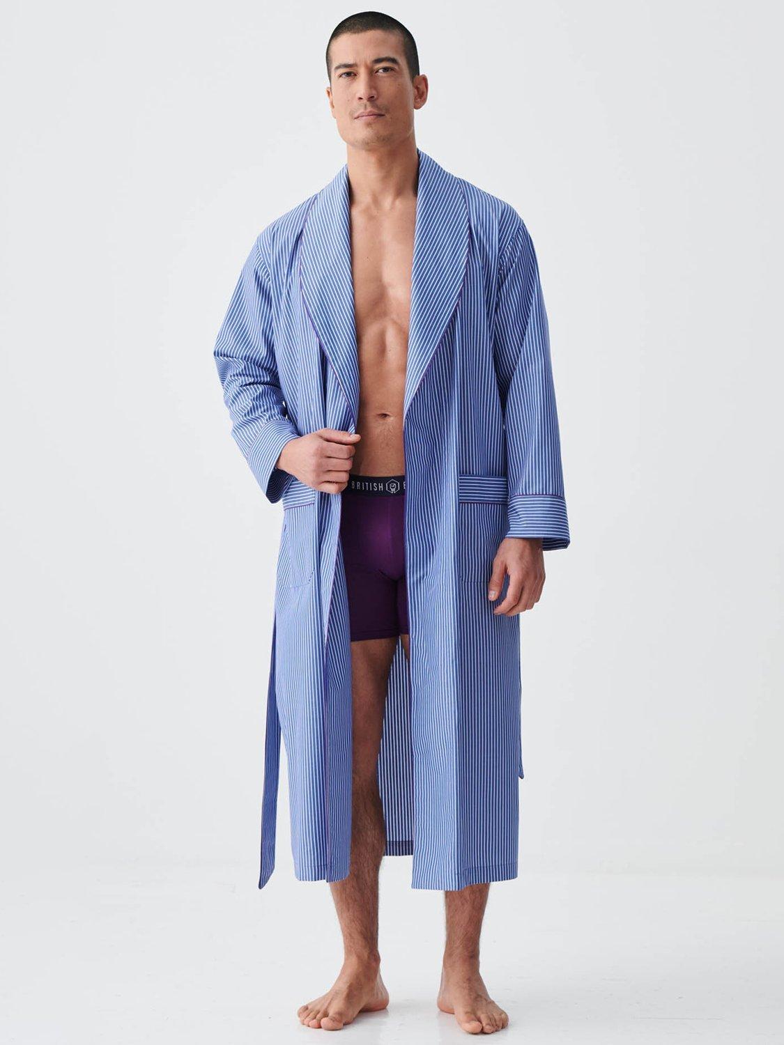 British Boxers Stripe Crisp Cotton Dressing Gown, Navy/White