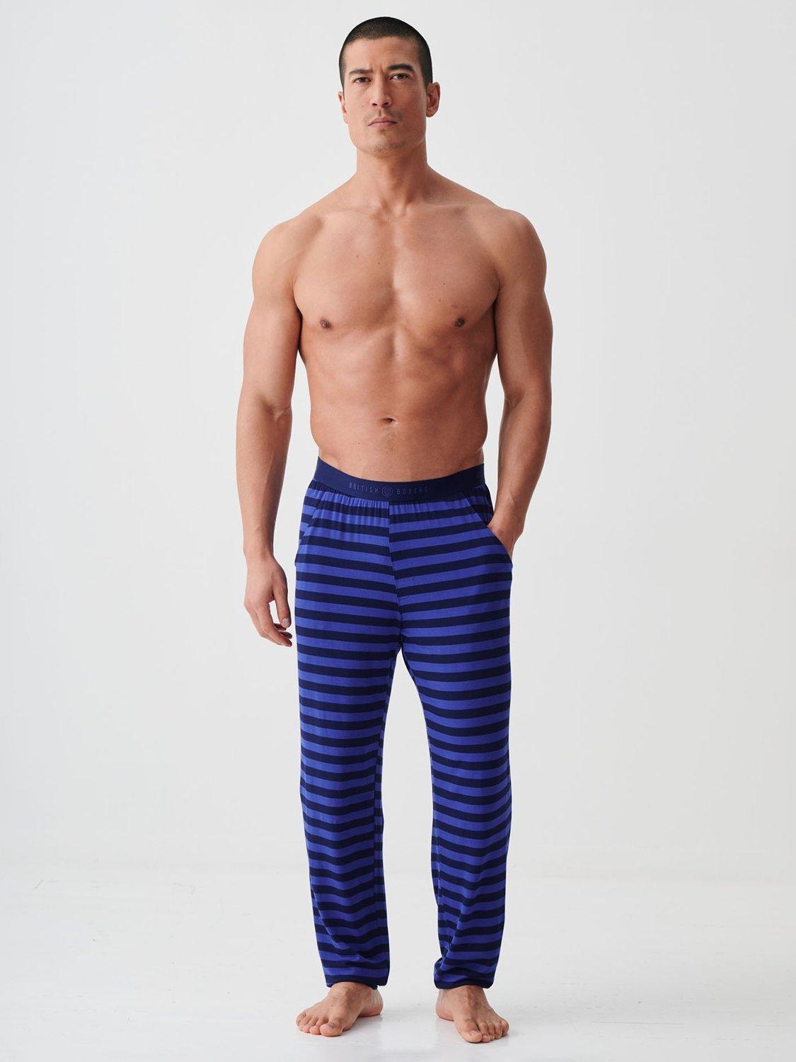 Product image 1 of 5, which shows British Boxers Bamboo Striped Lounge Trousers, Royal Blue/Navy, S