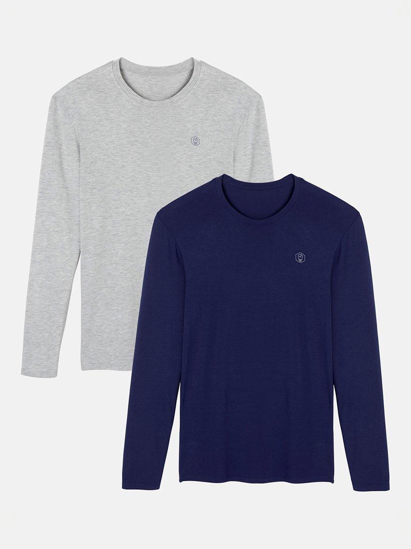 Product image 1 of 9, which shows British Boxers Bamboo Long Sleeve T-Shirt, Pack of 2, Navy/Grey, S