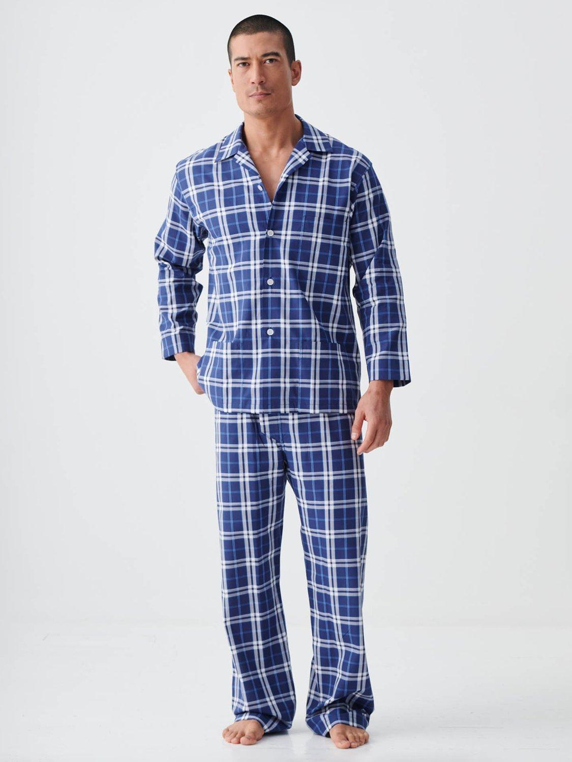 Product image 1 of 5, which shows British Boxers Check Crisp Cotton Pyjamas, Chester Blue, S