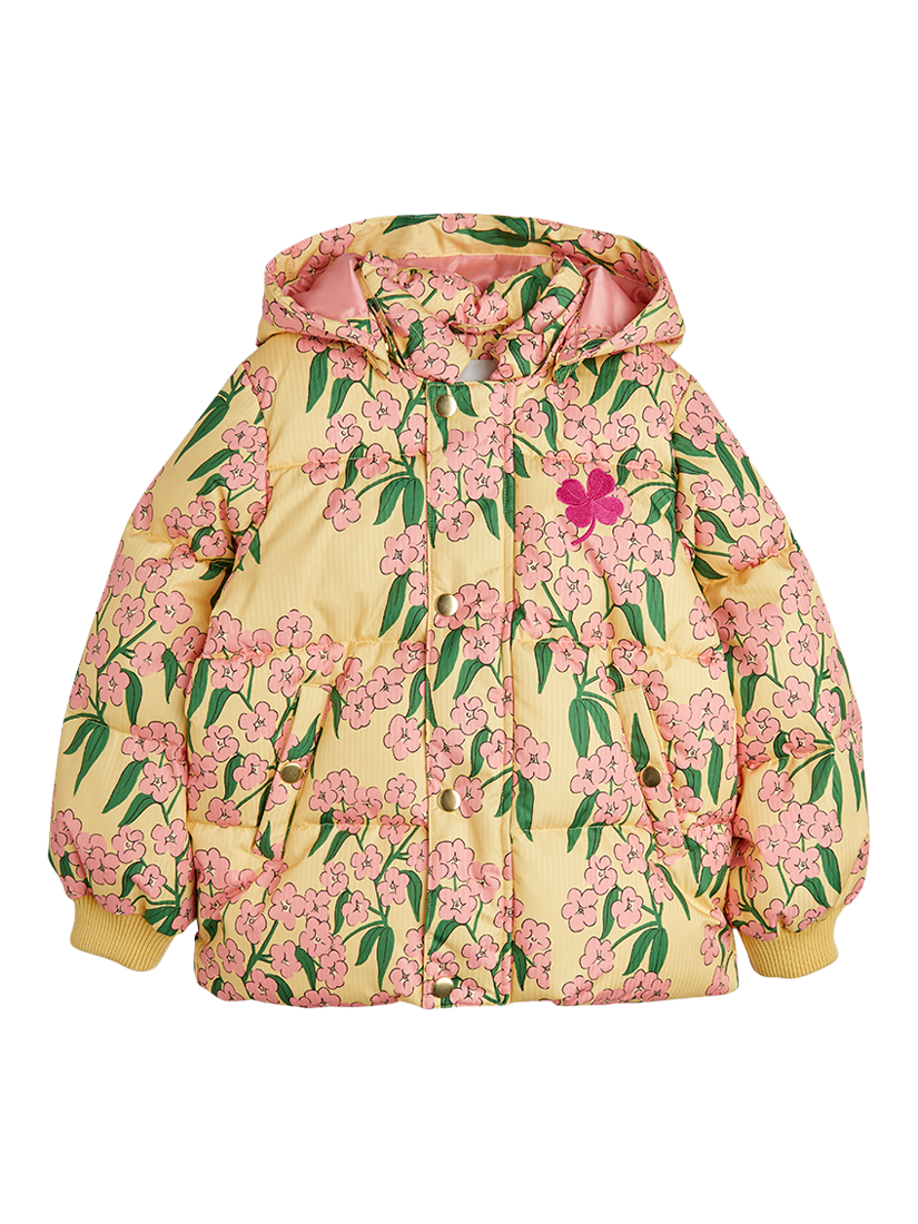Product image 1 of 1, which shows Mini Rodini Kids' Alpine Flowers Puffer Jacket, Yellow, 9-18 months