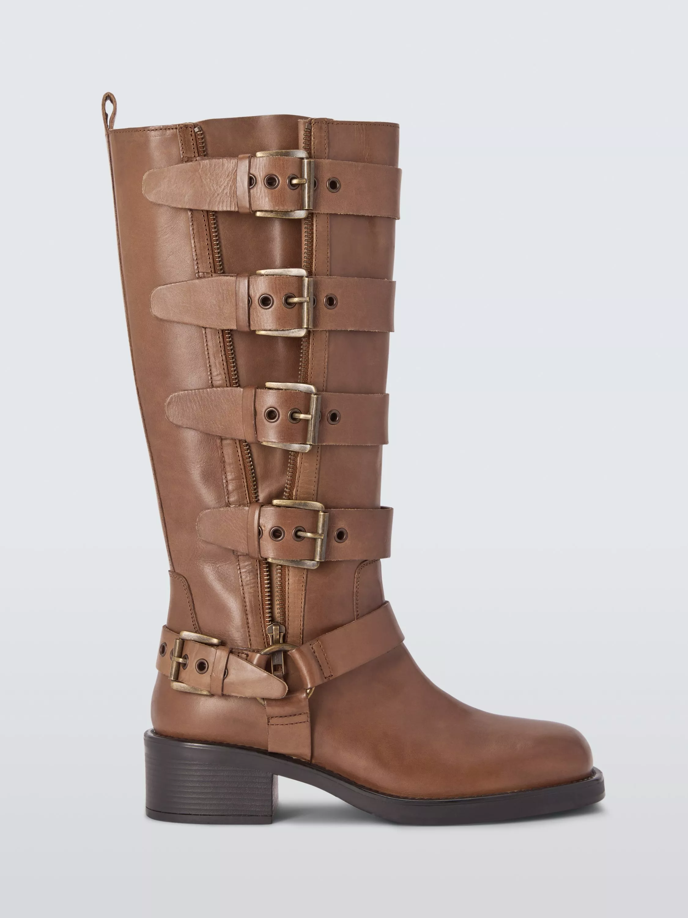 John Lewis Throttle Leather Moto Buckle Biker Knee High Boots, Brown