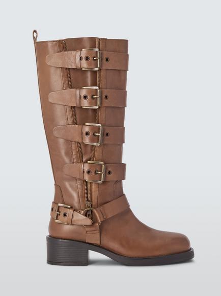 John Lewis Throttle Leather Moto Buckle Biker Knee High Boots, Brown, Brown