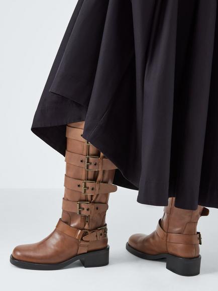 John Lewis Throttle Leather Moto Buckle Biker Knee High Boots, Brown - view 2, Brown