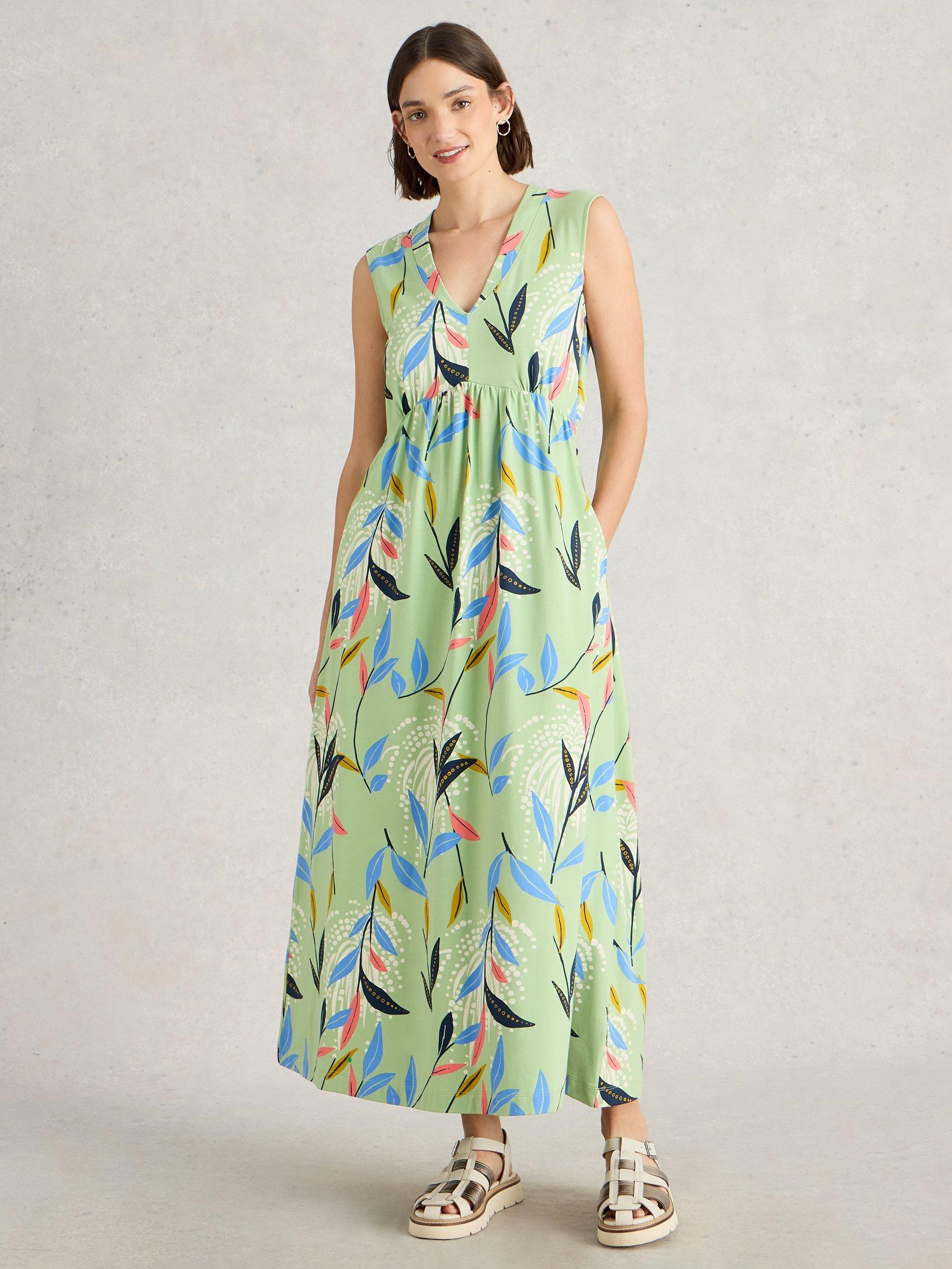 Product image 1 of 6, which shows White Stuff Archer Leaves Organic Cotton Rich Maxi Dress, Green/Multi, 6