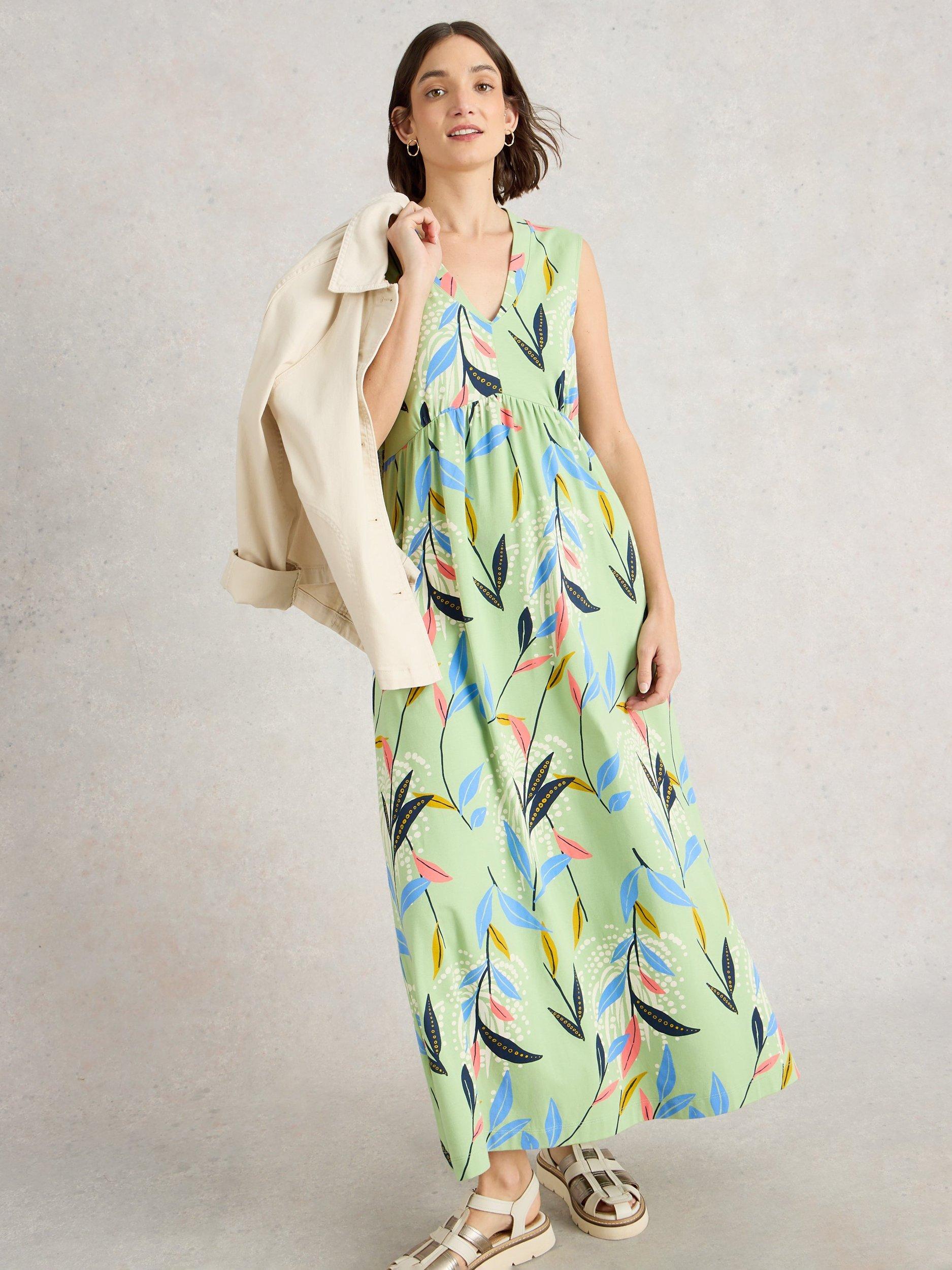 Product image 4 of 6, which shows White Stuff Archer Leaves Organic Cotton Rich Maxi Dress, Green/Multi, 6