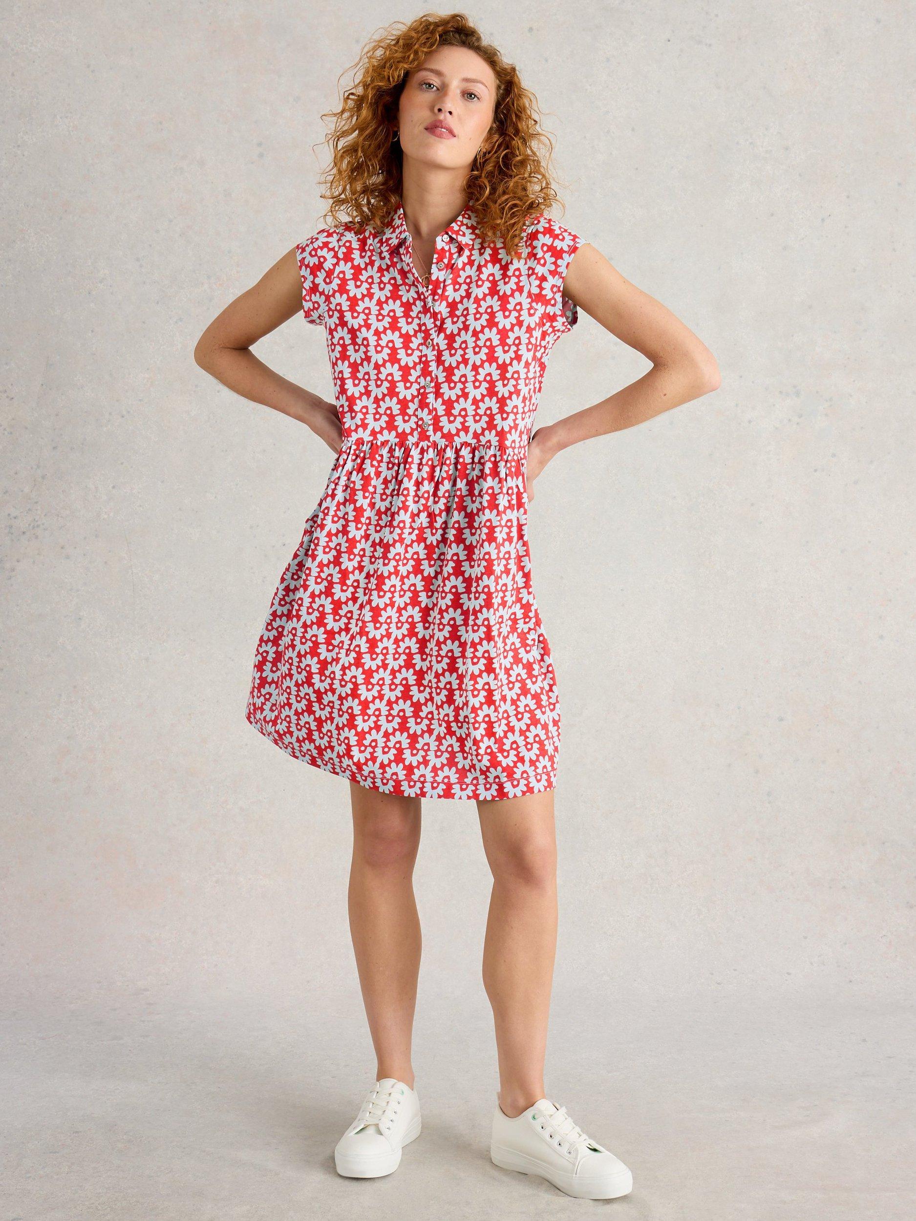 Product image 1 of 6, which shows White Stuff Everly Floral Organic Cotton Blend Shirt Dress, Red/Multi, 12