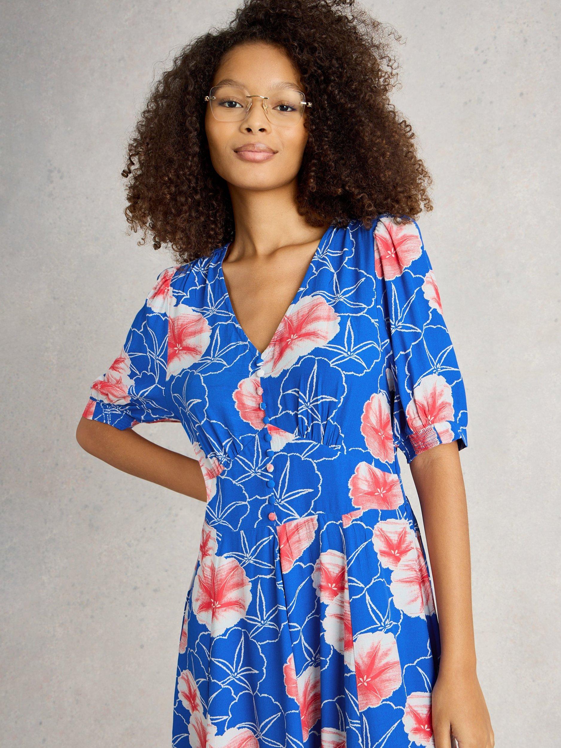 Product image 3 of 6, which shows White Stuff Hazel Short Sleeve Floral Dress, Blue/Multi, 6