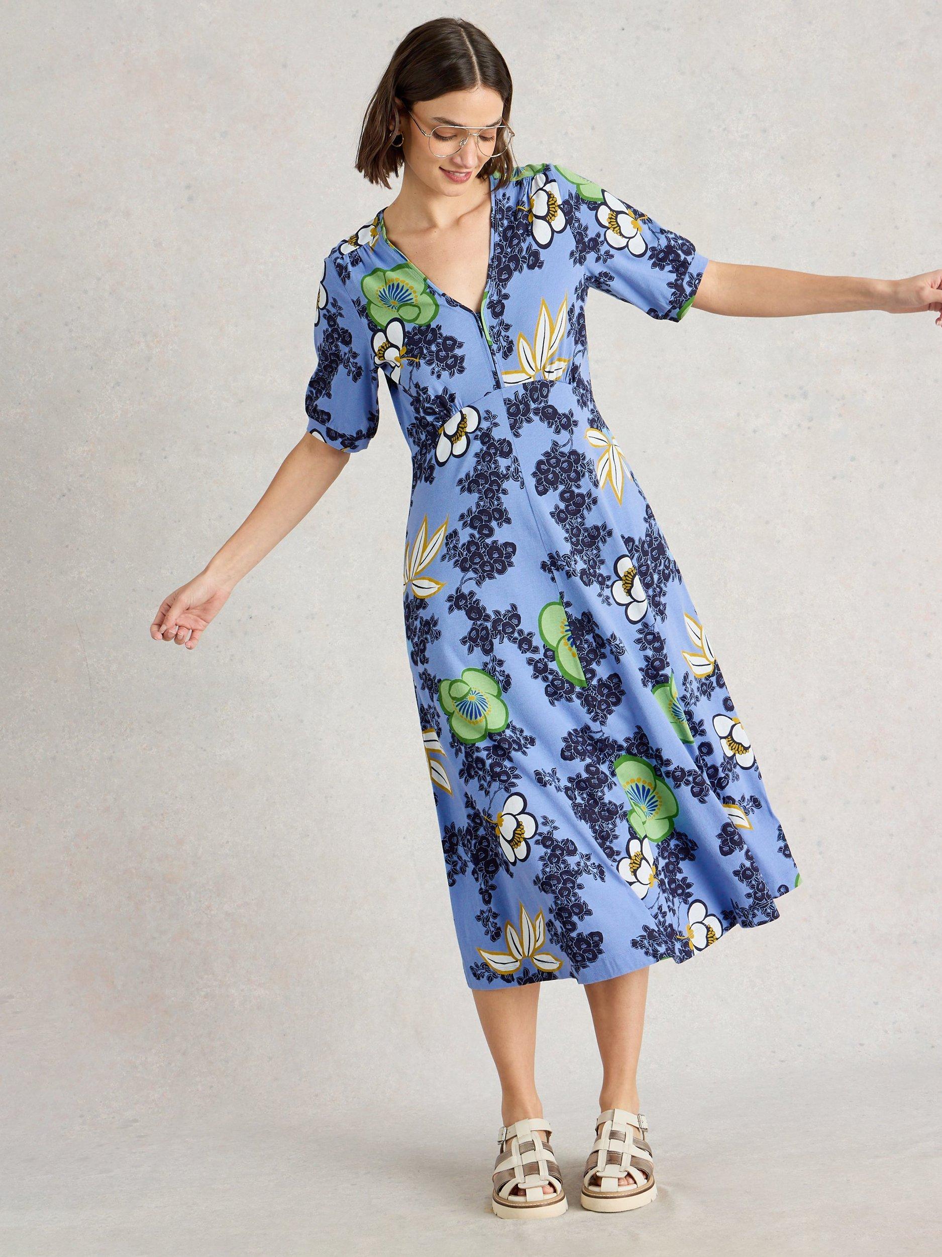 Product image 3 of 6, which shows White Stuff Megan Floral Organic Cotton Blend Dress, Light Blue/Multi, 6